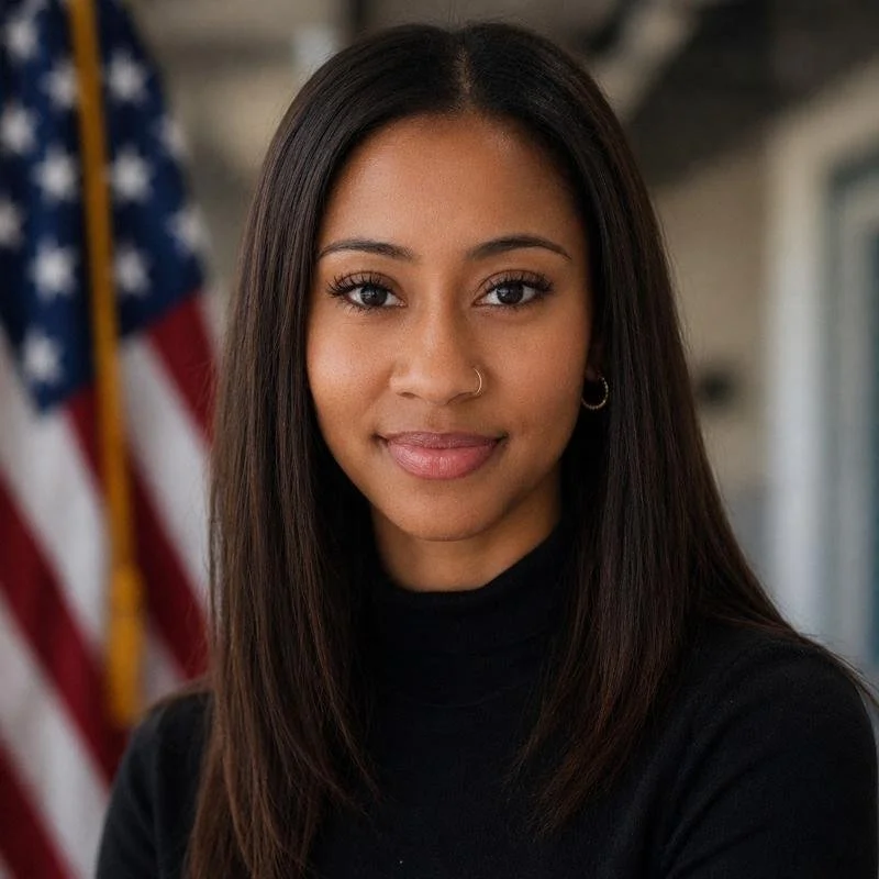 Portrait of a young woman with long dark hair, wearing a black turtleneck, with an American flag in the background.