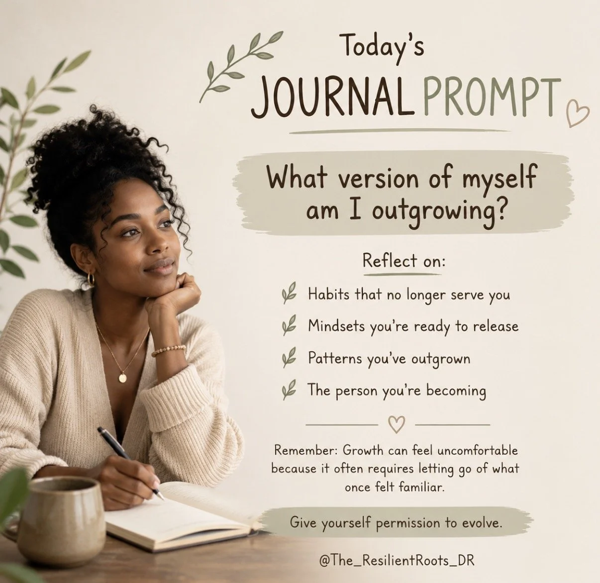 A woman with curly hair sitting at a table, holding a pen near an open notebook, with a beige mug, reflecting on a journal prompt about growth and self-improvement, surrounded by green plants.
