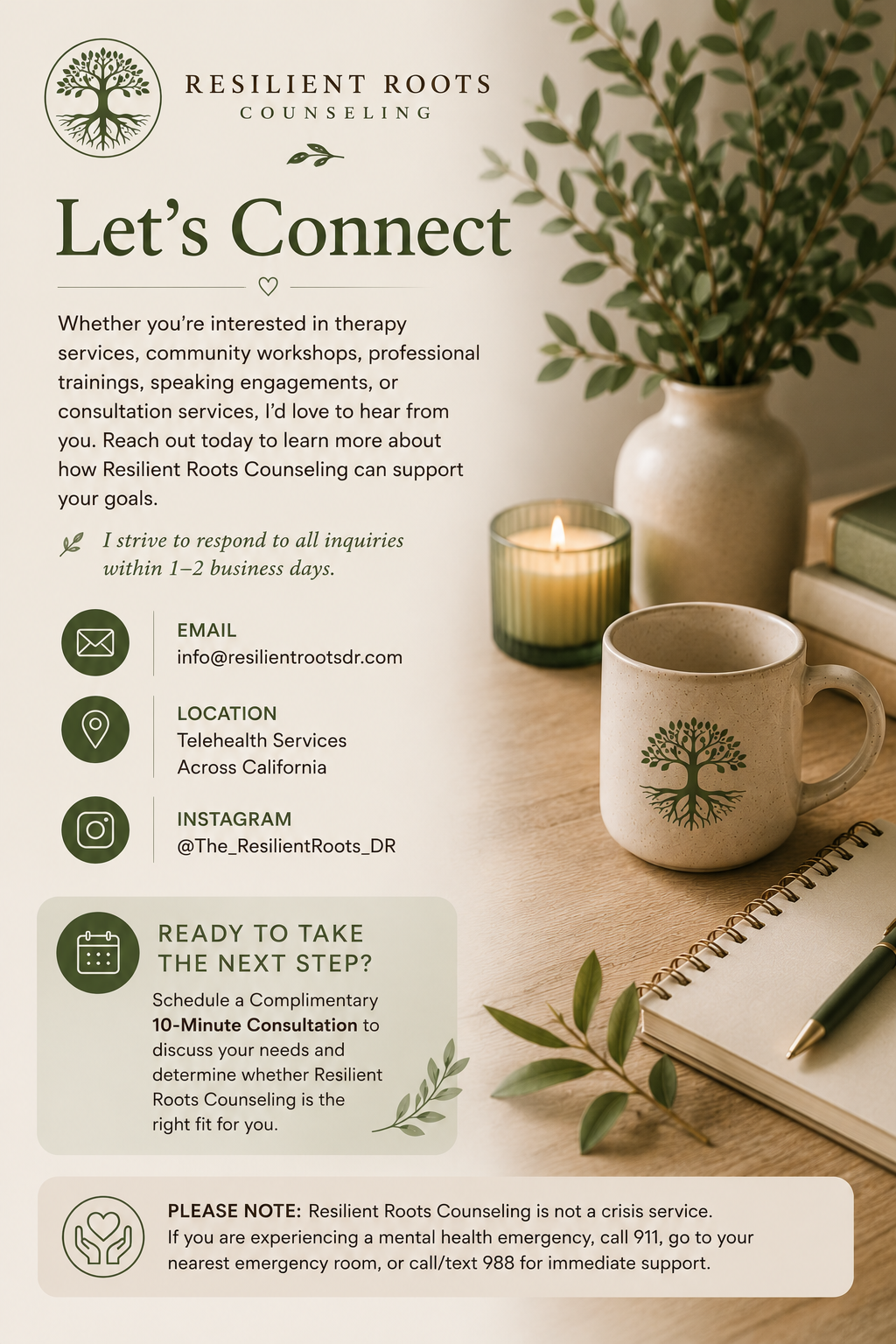 Flyer for Resilient Roots Counseling with contact information, services offered, and a call to schedule a free consultation, featuring a plant logo, a candle, a mug with the logo, a notebook, a pen, and greenery.