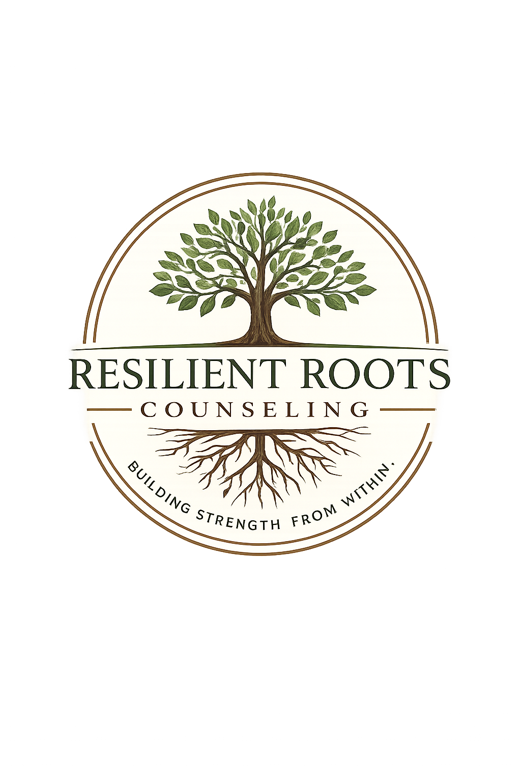 Logo for Resilient Roots Counseling featuring a tree with green leaves and roots, with the tagline 'Building strength from within'.