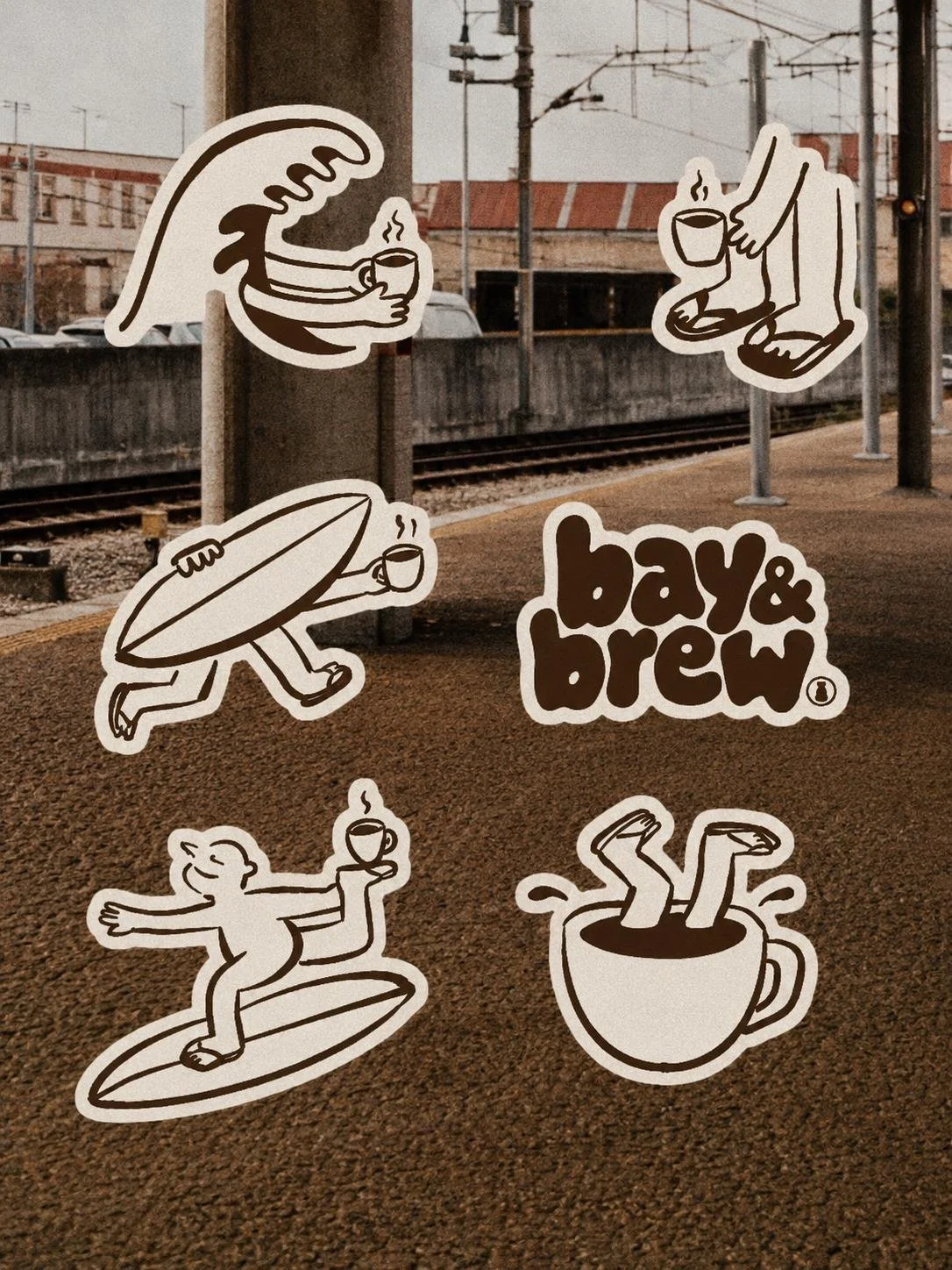 Illustrations of people and animals enjoying coffee and surfing, with a sign that says "bay & brew", at a train station platform.