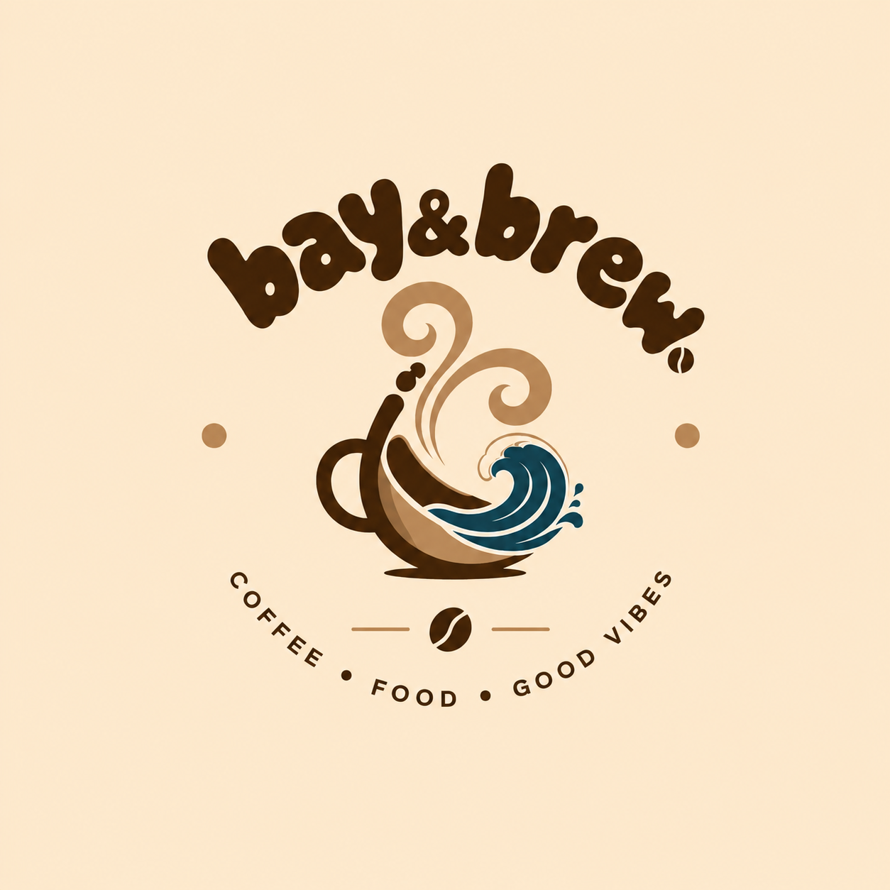 Logo for 'baye&brew' featuring a coffee cup with swirling steam and a wave, with text 'Coffee', 'Food', 'Good Vibes' underneath.