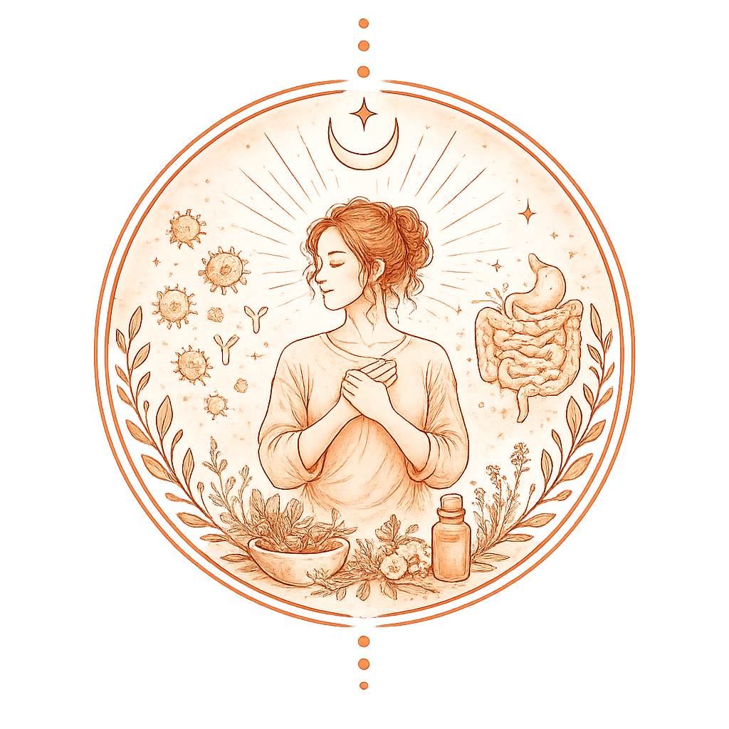 A woman with closed eyes and hands on her chest, surrounded by images of the sun, moon, and stars. There are illustrations of viruses, butterflies, and bacteria, as well as a depiction of the human digestive system with intestines. The scene includes herbal plants, flowers, and a bottle, suggesting themes of health, wellness, or holistic medicine.