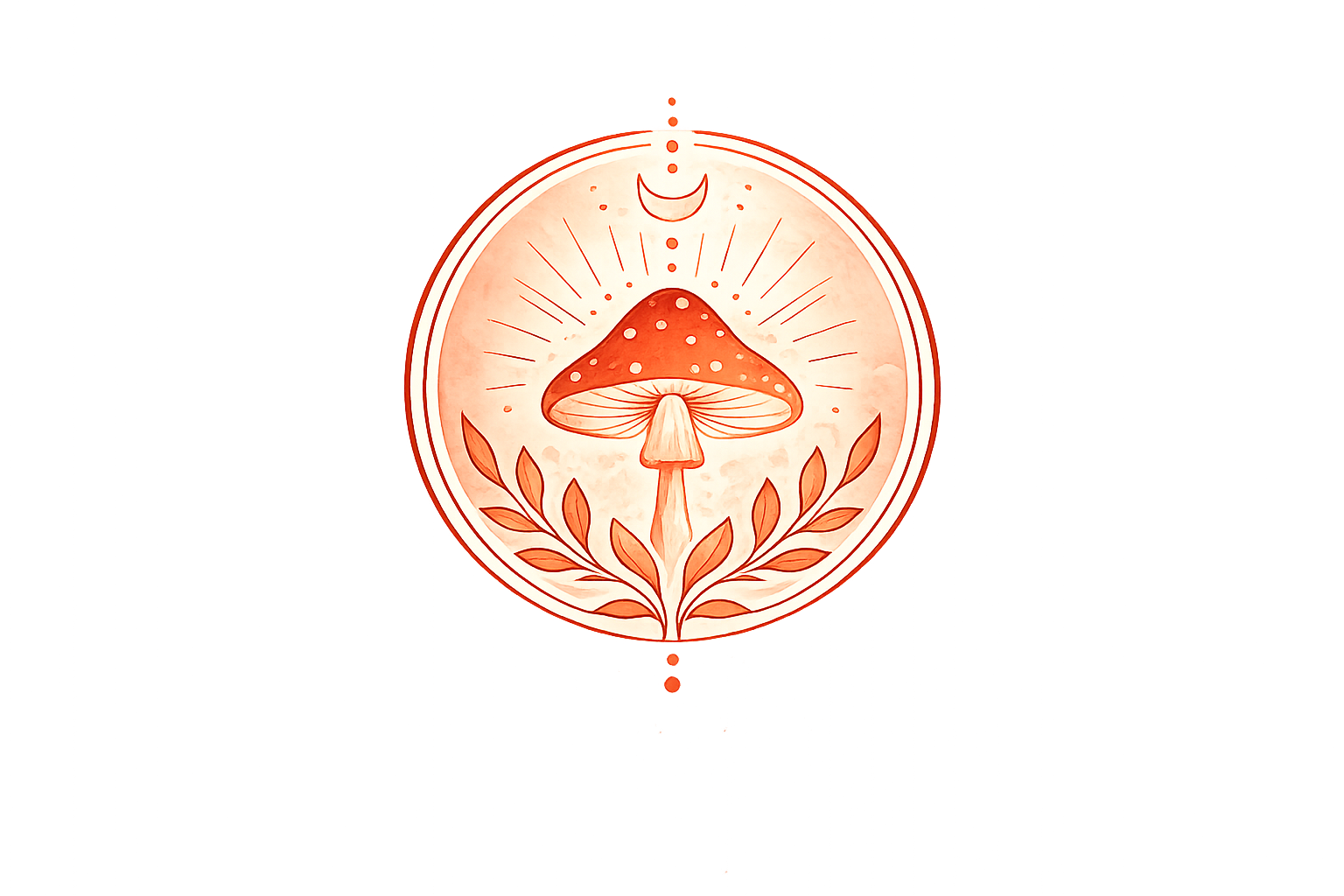 A circular emblem featuring a mushroom with a red cap and white spots, surrounded by laurel branches, with rays emanating from it and a crescent moon at the top, all in shades of orange and red.