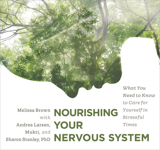 Book cover titled 'Nourishing Your Nervous System' featuring a green leafy tree canopy and a human face profile silhouette.