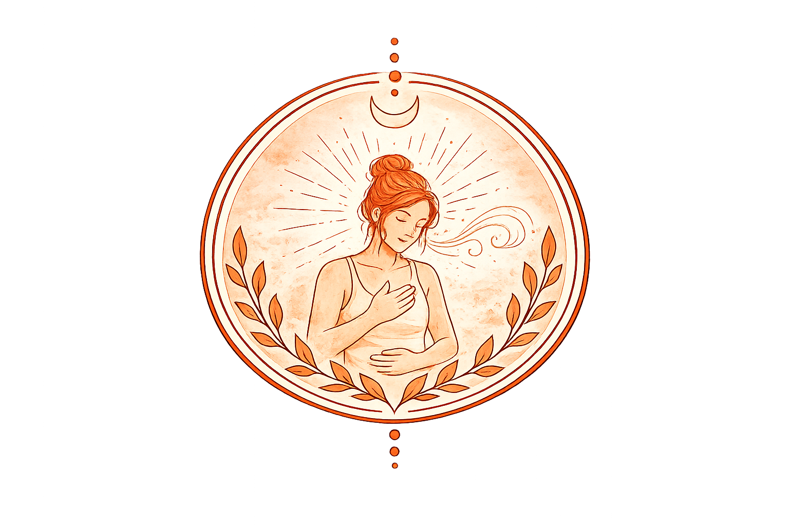Illustration of a woman with her hand on her chest surrounded by rays, a crescent moon, and laurel branches.