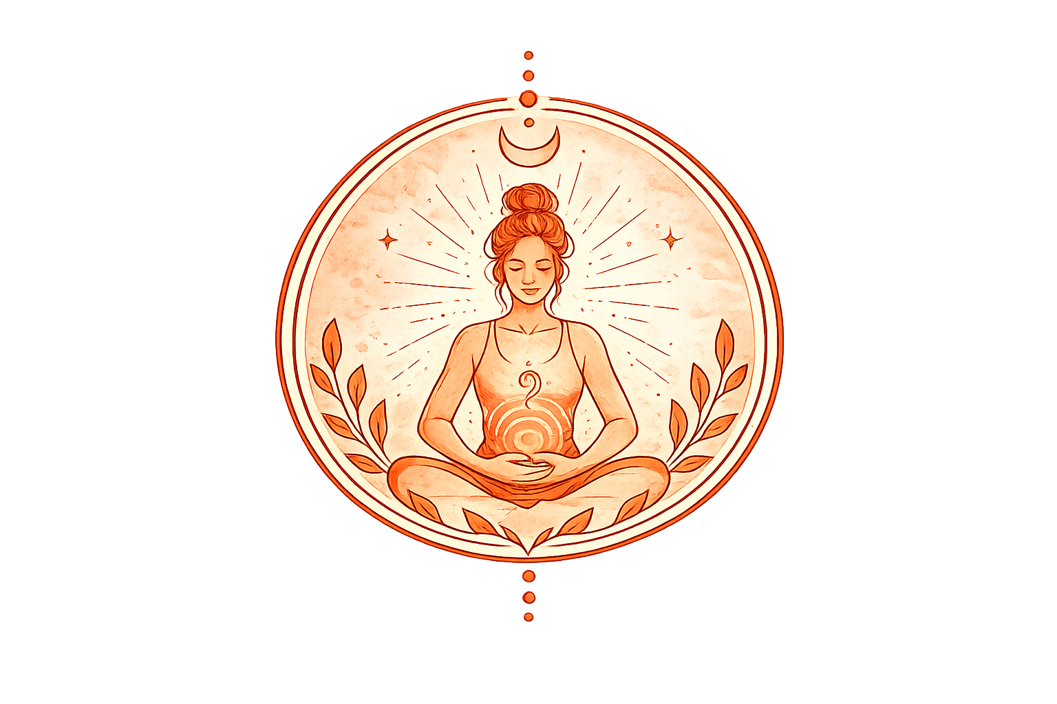 Illustration of a woman meditating in a lotus position with her hands resting on her lap, symbolizing inner peace and spirituality. The background features radiating lines, a crescent moon, and stars, with laurel branches on either side, all within an oval frame on a warm, orange-toned backdrop.
