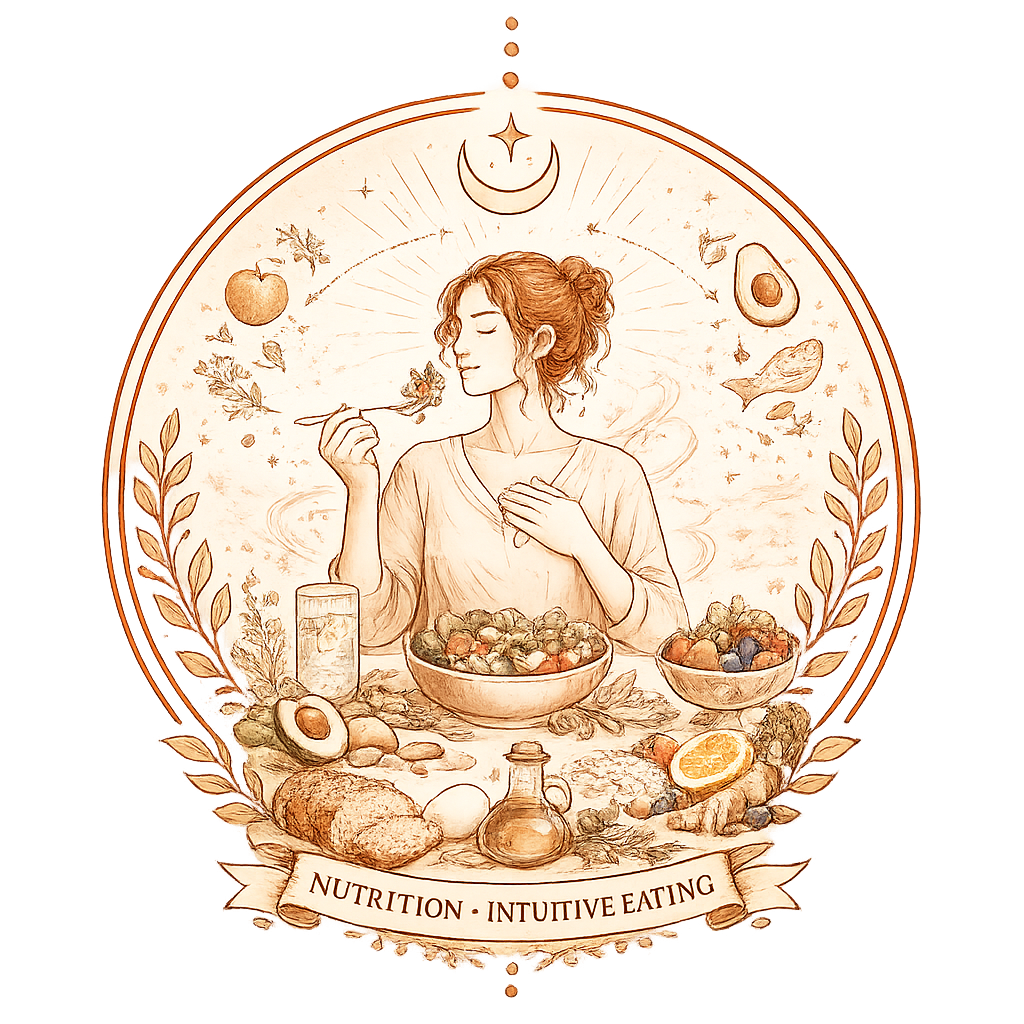 Illustration of a woman with closed eyes, eating a leafy vegetable with a fork, surrounded by bowls of fruit and vegetables, a glass of water, lemon, and various food items on a table, with moon, star, and celestial symbols above. The banner at the bottom reads 'Nutrition - Intuitive Eating'.