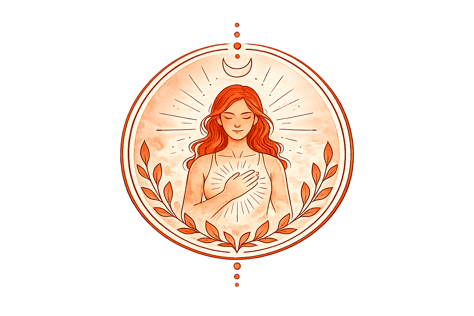 An illustration of a woman with long hair, eyes closed, placing her hand on her chest, surrounded by a circular frame with a crescent moon at the top and laurel leaves at the bottom, emitting radiant lines.