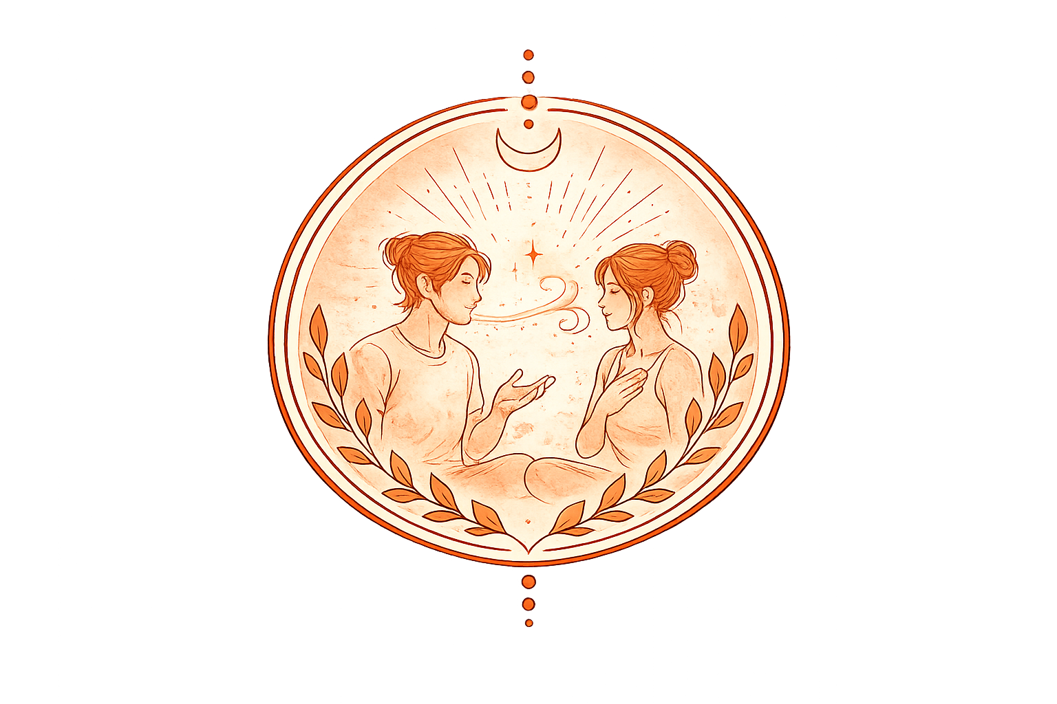 Line art illustration of a man and woman sitting close with closed eyes, surrounded by a laurel wreath, under a crescent moon and radiating lines.