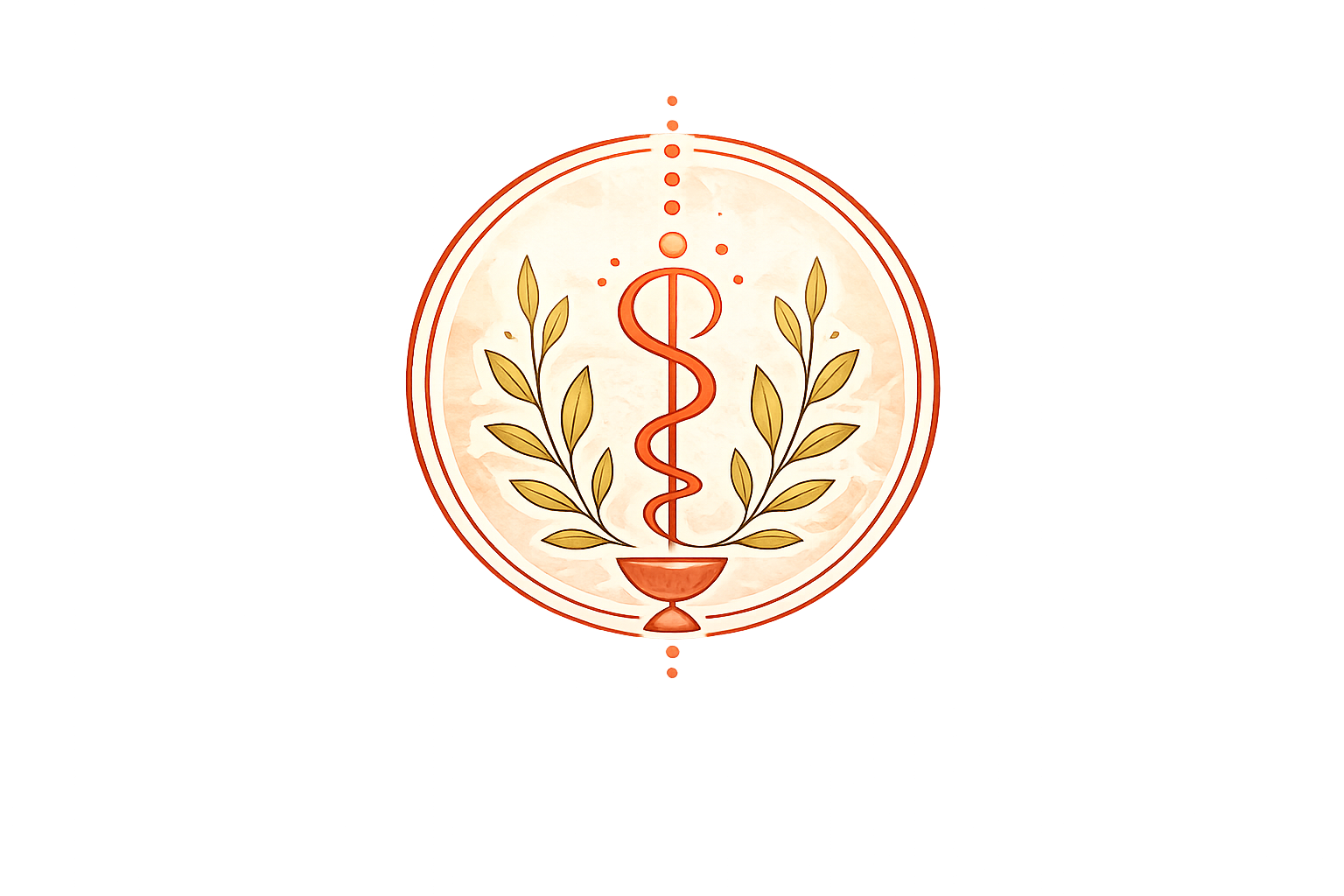 Medical symbol with a caduceus in the center, surrounding by olive branches, inside a circular emblem with an orange background.