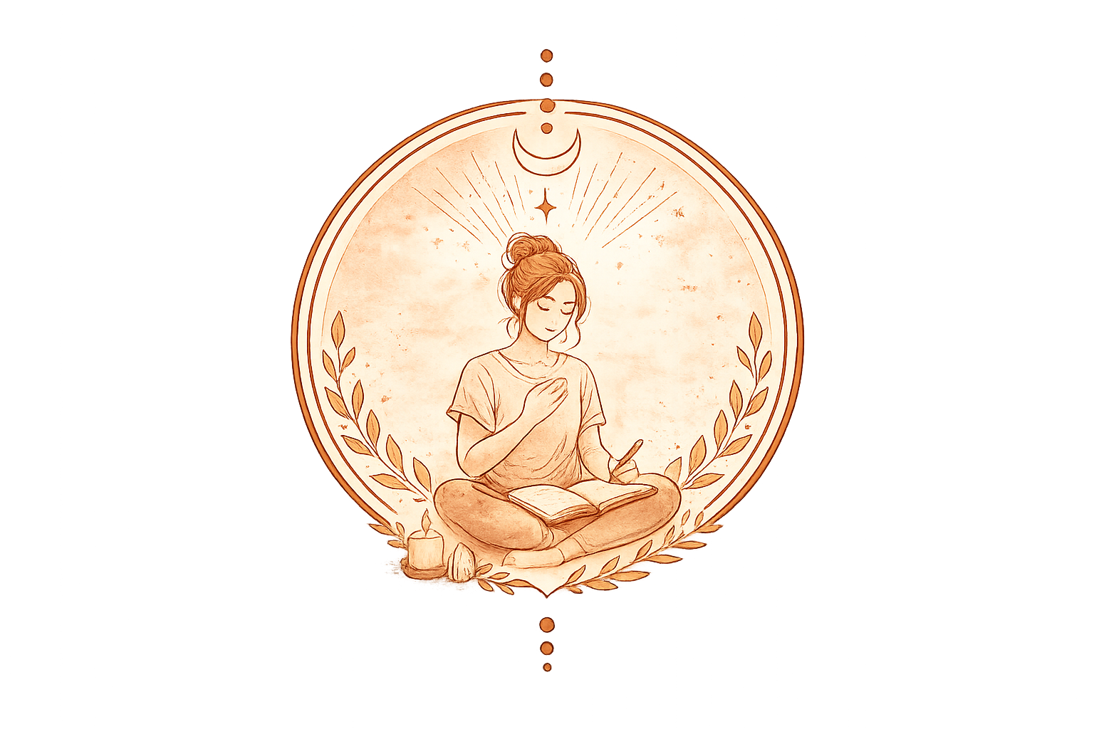 Drawing of a woman sitting cross-legged with an open book on her lap, holding a pen in her right hand, with her left hand placed over her heart. She has her hair tied up in a bun and is surrounded by a laurel wreath, with celestial symbols and rays above her head, all depicted within a glowing circular frame.