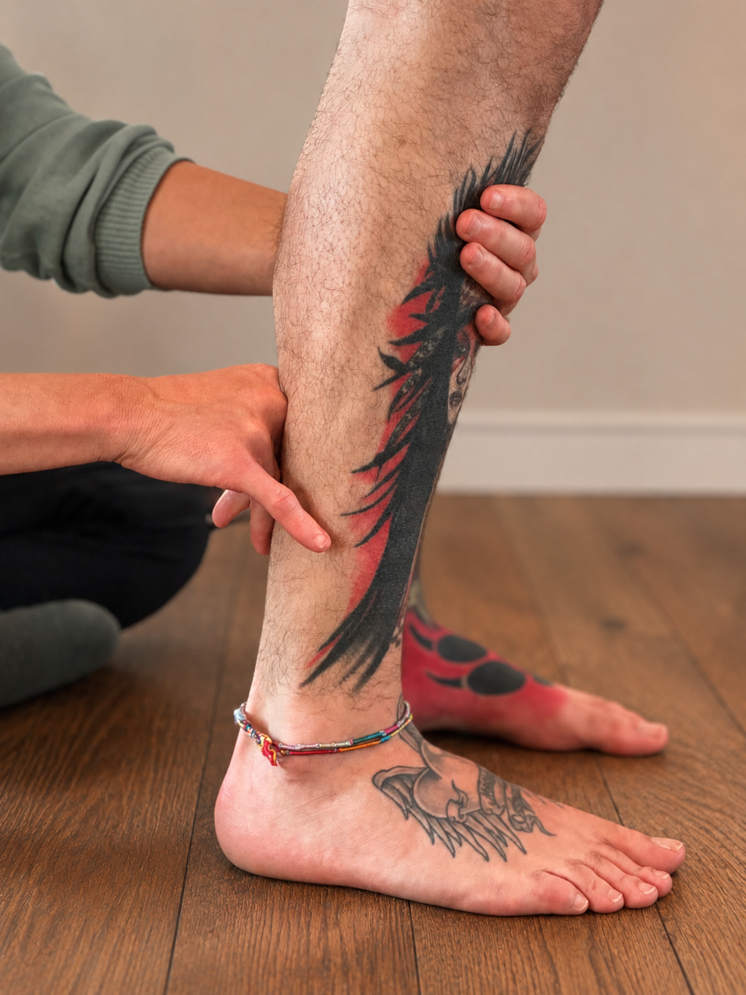 Person receiving a consultation or treatment on their leg, which has a large dragon tattoo with black and red ink. The person's ankle has a small tattoo of an animal head, and they wear a colorful ankle bracelet. Someone's hand is holding their leg for support or examination.