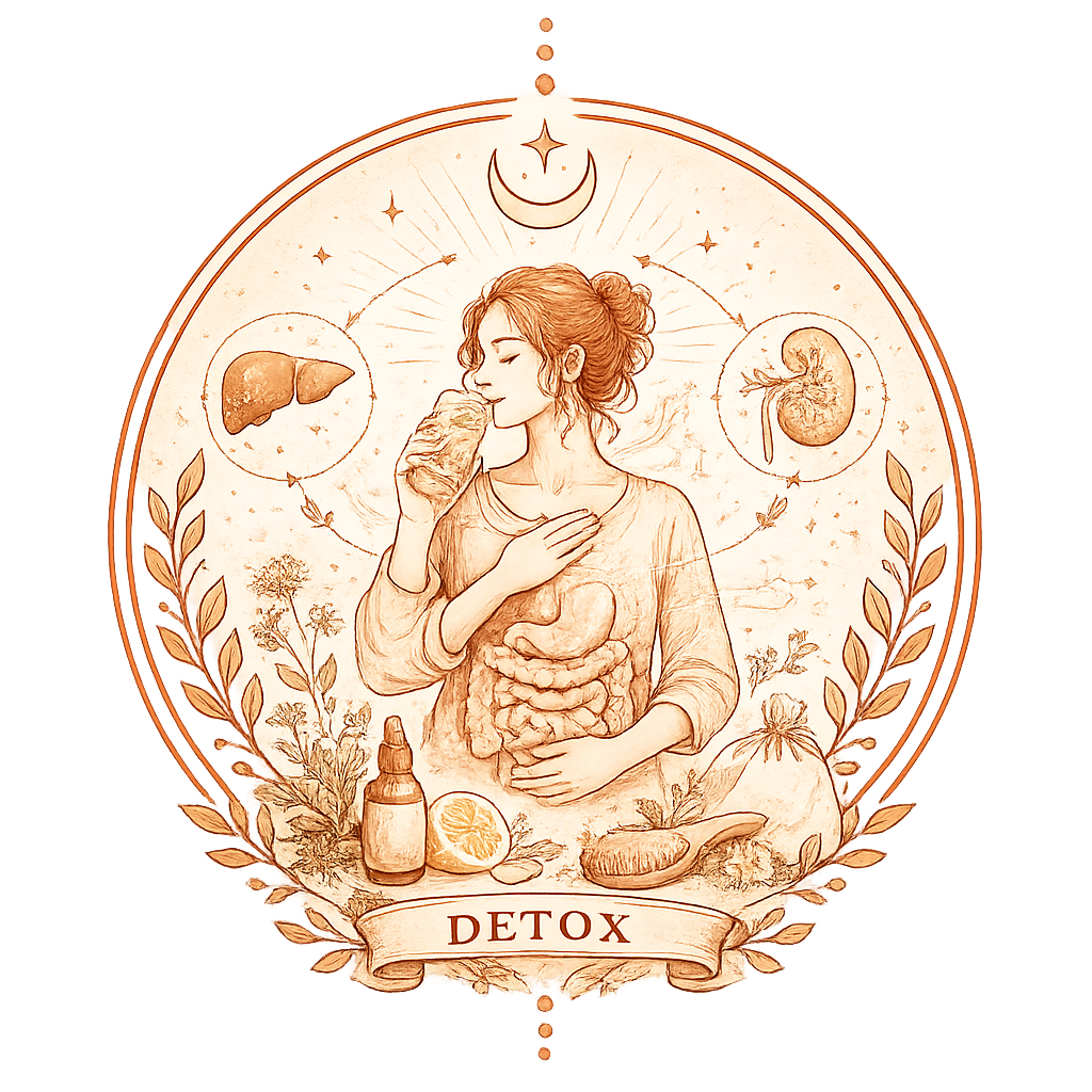 Illustration of a woman with her eyes closed, holding her stomach, surrounded by herbs, a lemon, and health-related images like a liver, stomach, and bottle labeled 'Detox'.