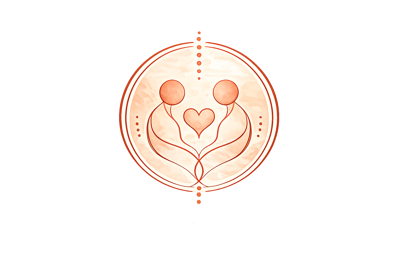A stylized illustration of two sperm cells with hearts at their centers, enclosed in a circular frame with decorative lines and dots, on a peach-colored background.