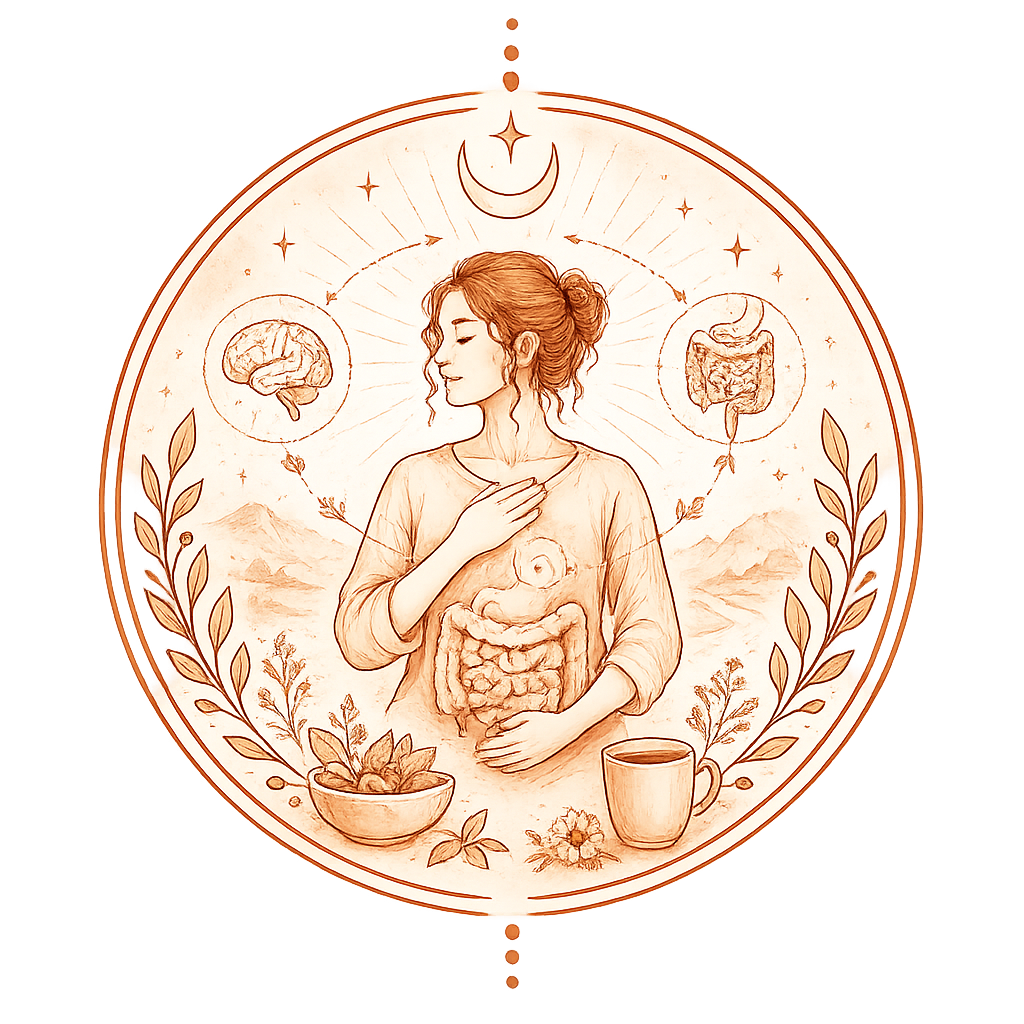Illustration of a woman with her hand on her chest and her stomach visible, surrounded by symbols of the brain and thyroid, with a landscape background, a moon and stars, and a bowl of herbs and a mug in the foreground.