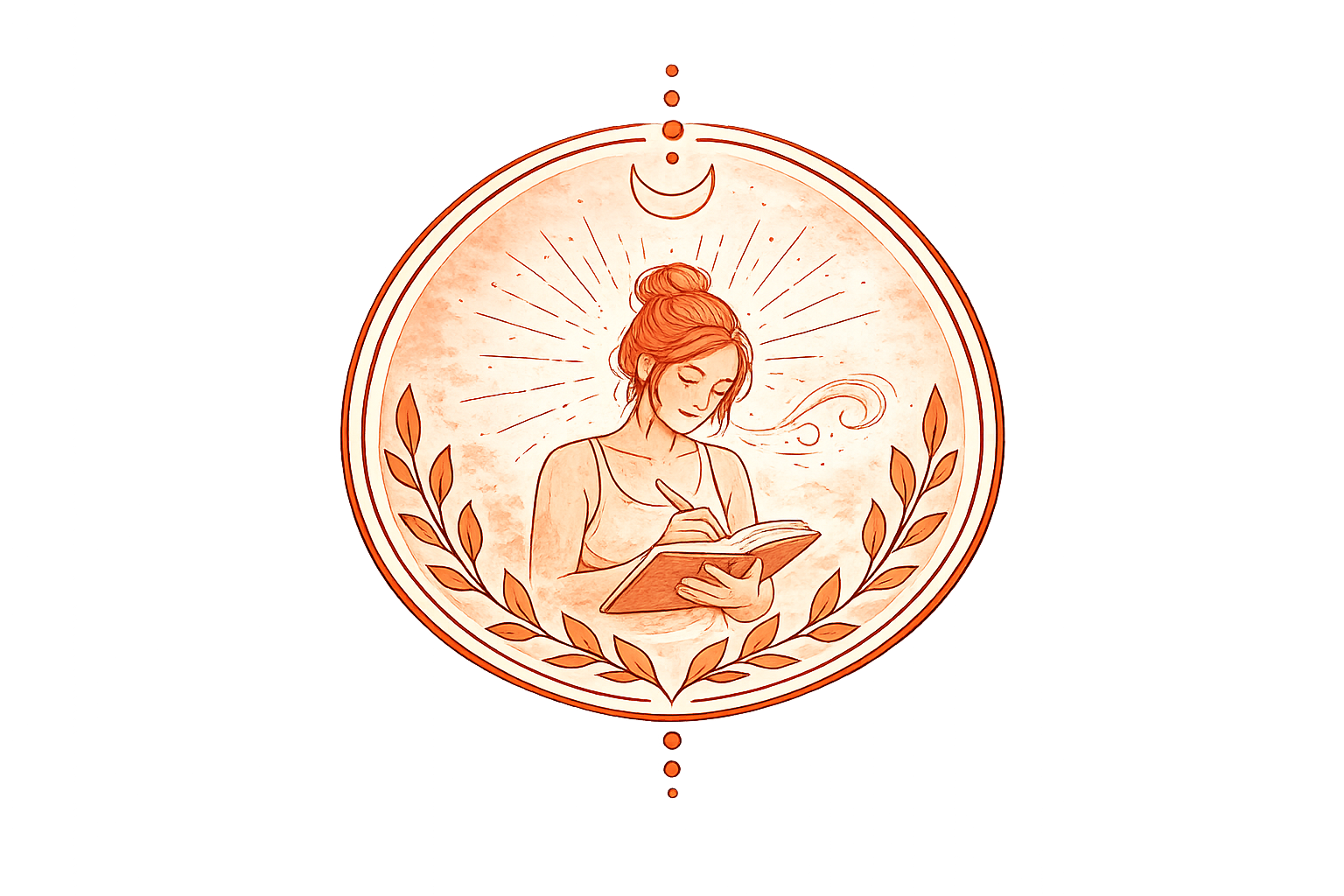 Illustration of a woman with her hair in a bun, writing in a book with a peaceful expression. She is surrounded by radiating lines, a crescent moon above, and laurel branches framing her. The background is sepia-toned.