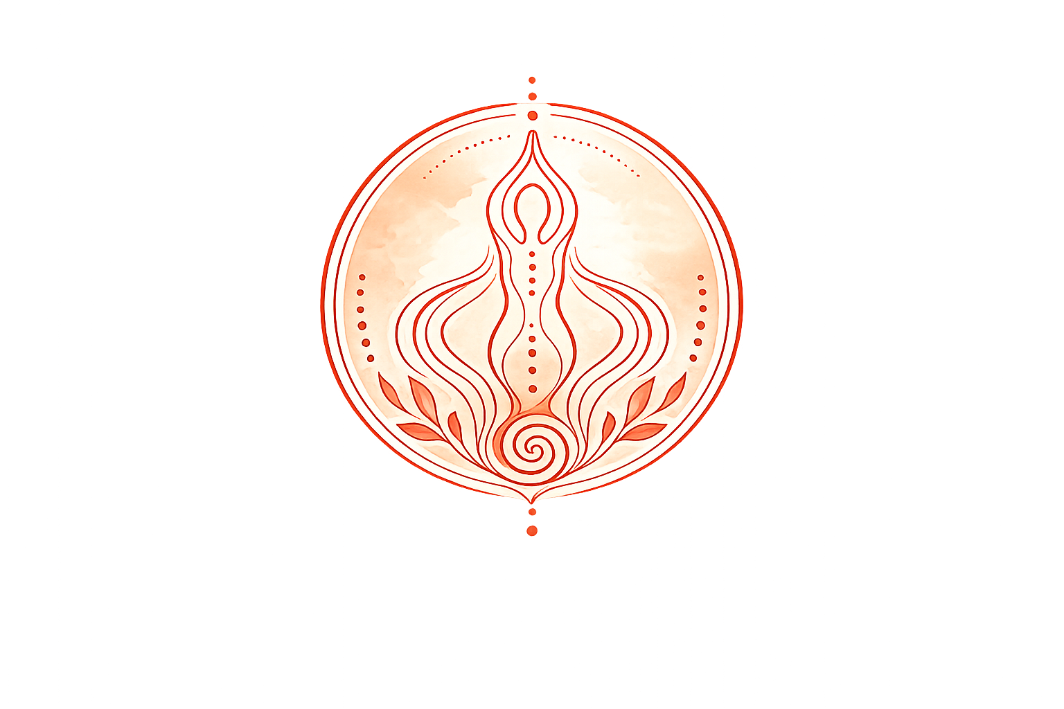 A circular emblem with a stylized, abstract figure with multiple flowing lines, surrounded by a dotted circle and leafy patterns at the base, set against an orange background.