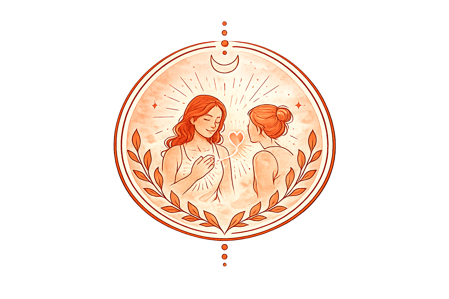 Illustration of two women with one holding a heart-shaped object. They are surrounded by blooming laurel branches, with a crescent moon at the top, rays radiating behind them, and small stars. The image is done in warm, reddish tones.