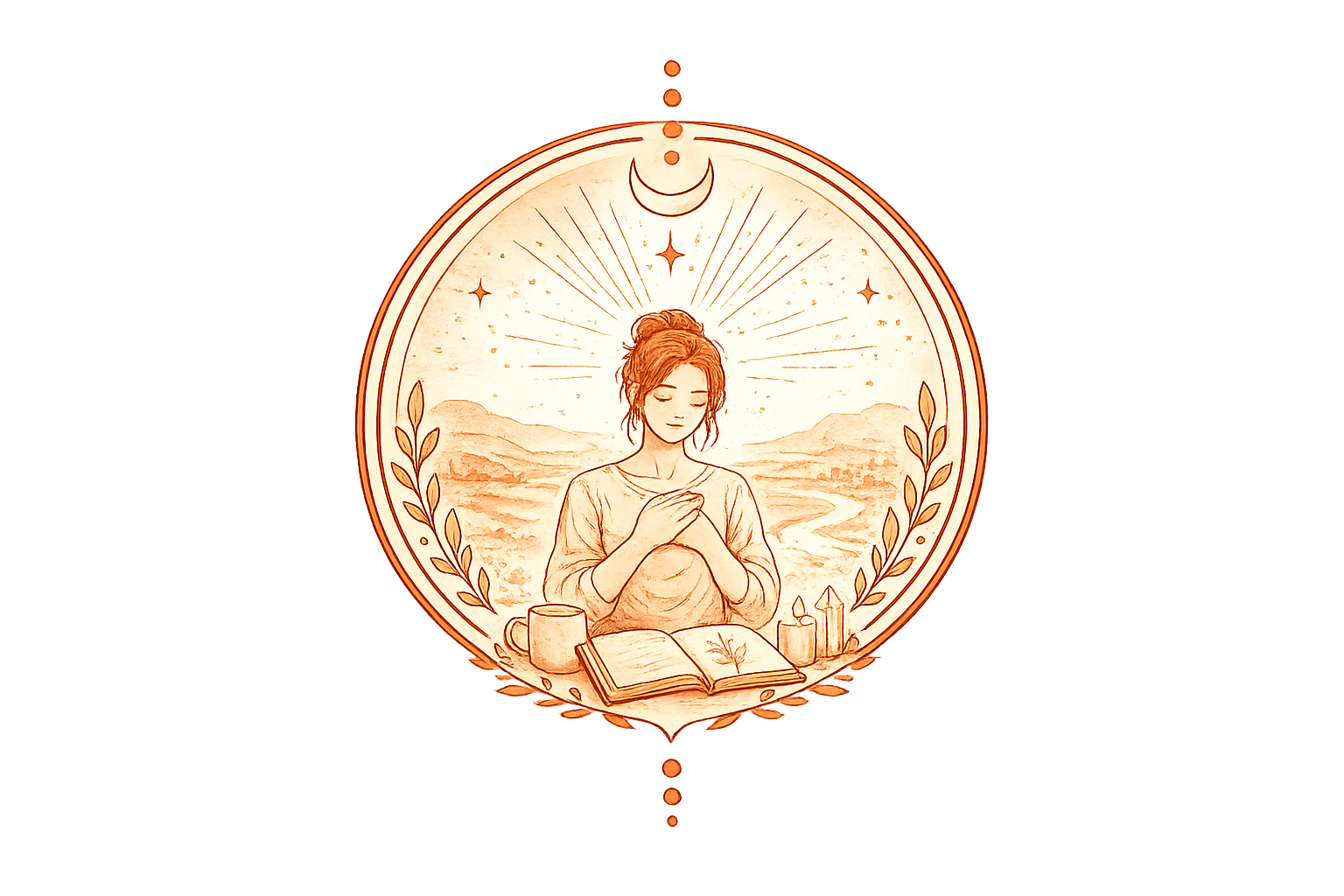 A girl with closed eyes, sitting with hands over her chest, surrounded by a peaceful landscape with mountains, a river, and a starry sky with a crescent moon. An open book, candles, a mug, and a plant sit in front of her, within a circular decorative frame.