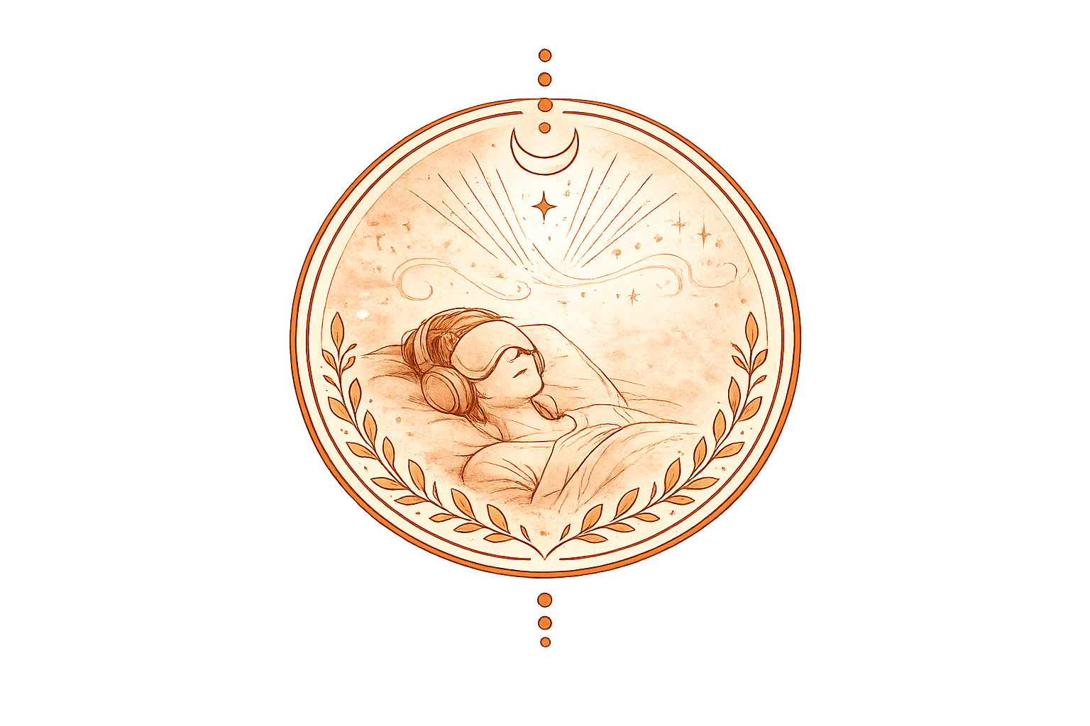 Illustration of a girl with headphones sleeping in bed, surrounded by celestial elements like a crescent moon, stars, and decorative swirls, with an orange glow around the drawing.
