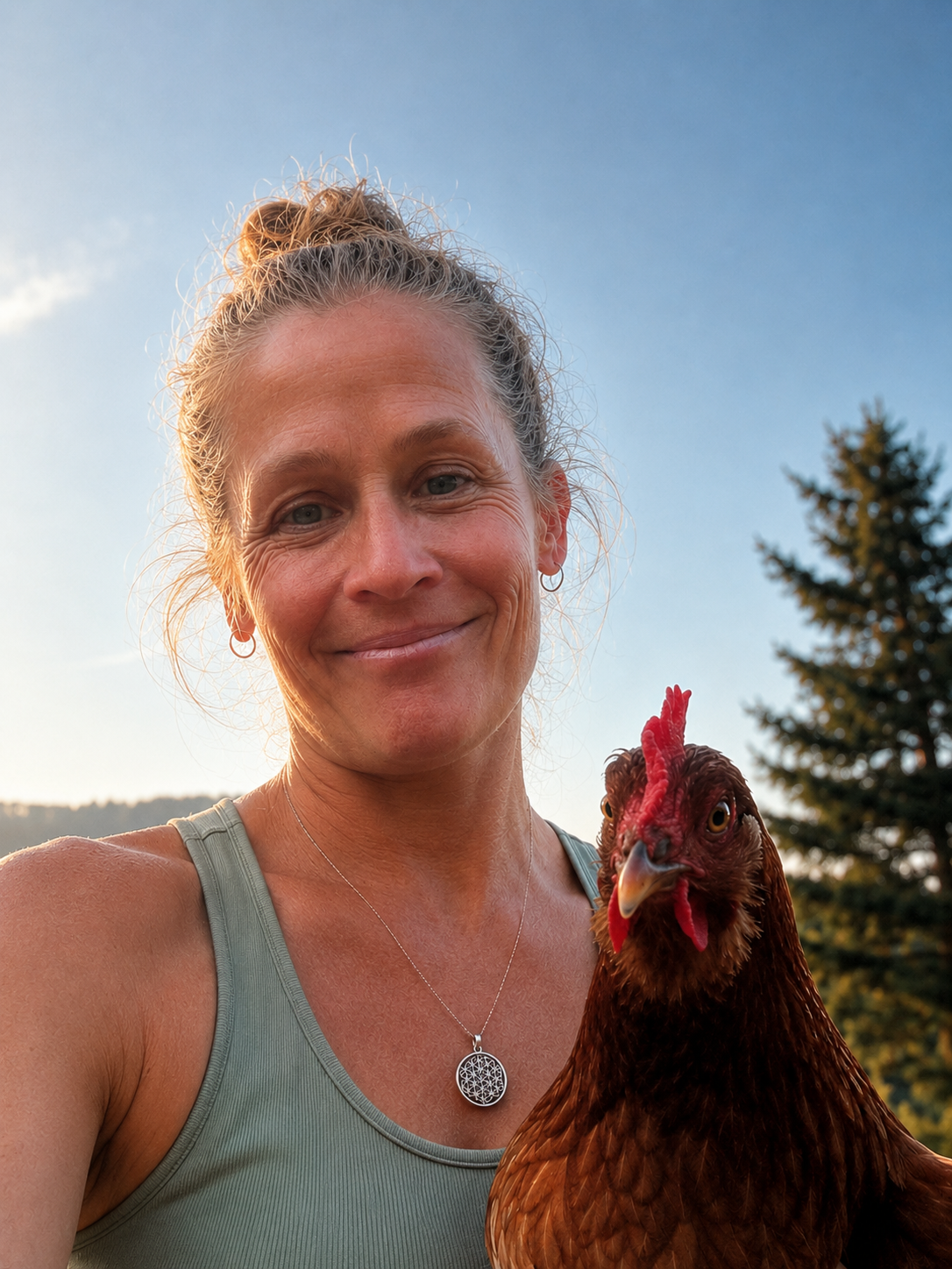 A woman with blonde hair in a bun smiling outdoors at sunset, wearing a tank top and a necklace, holding a brown chicken with red comb, background of trees and a clear sky.