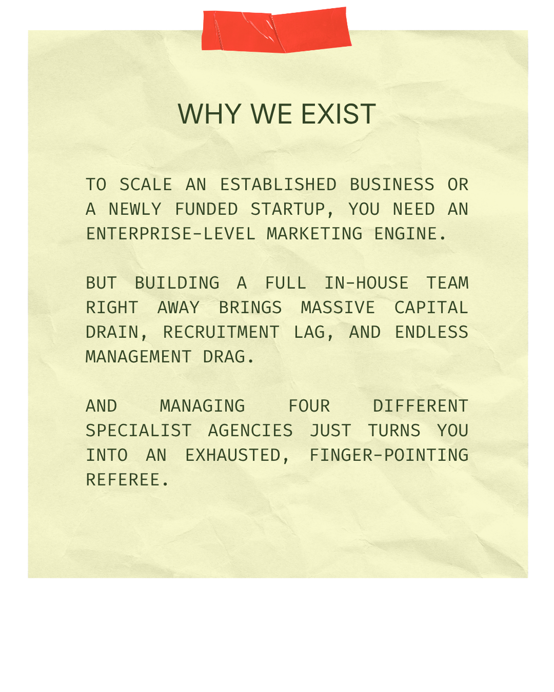 A crumpled piece of yellow paper with a red tape at the top, containing text about the importance of having an enterprise-level marketing engine for growing a business.