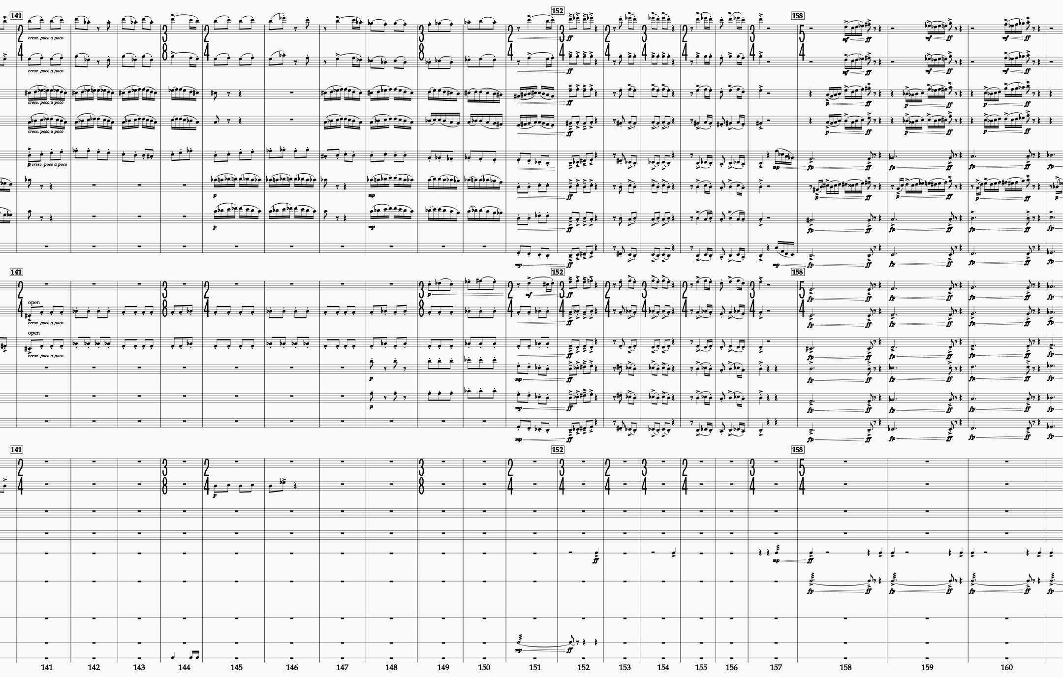 A complex sheet of classical sheet music with multiple musical staves, notes, and annotations, including crescendo markings and dynamic notations.