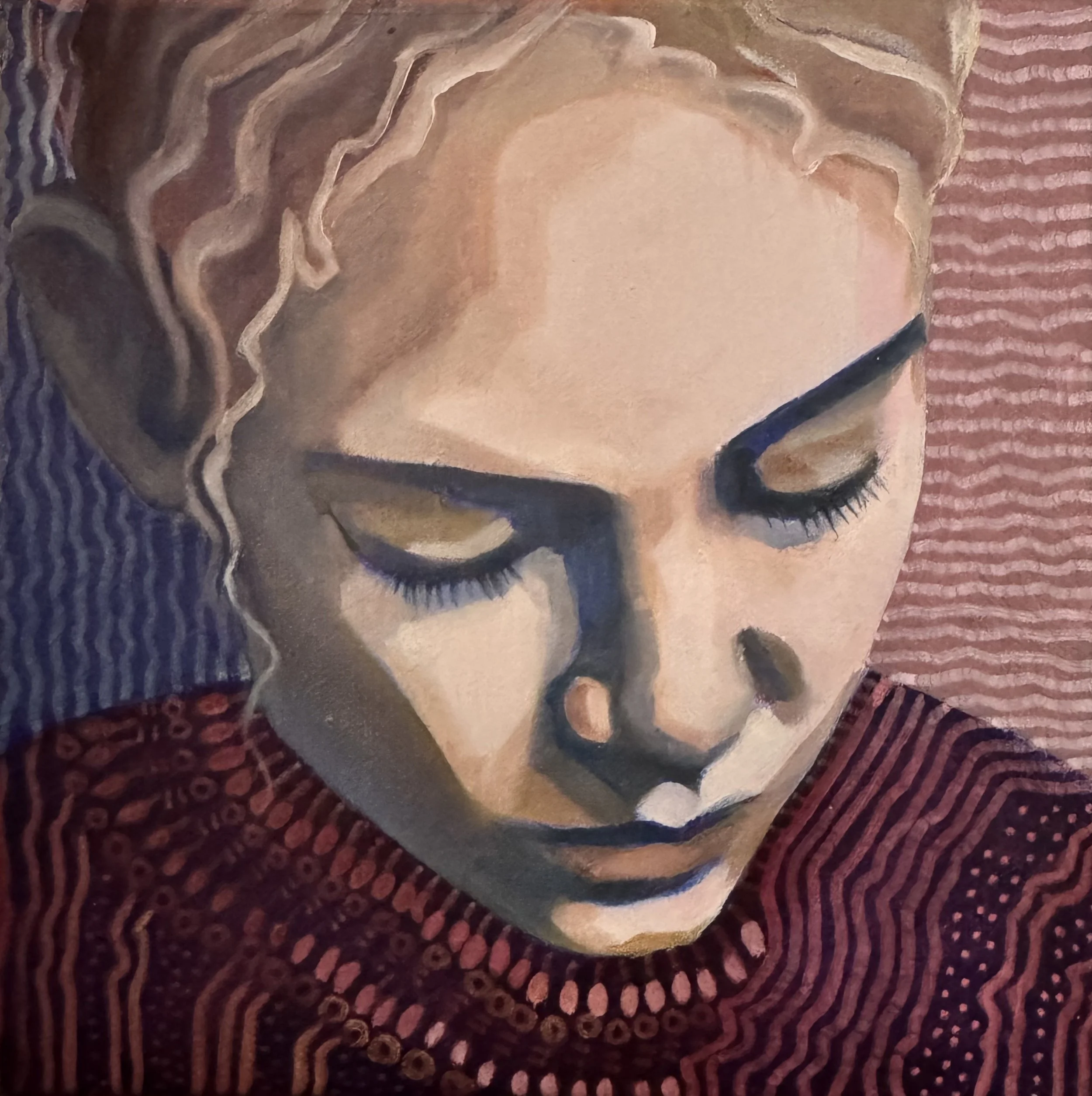  Shelf Portrait: Burgandy 
2026
acrylic, posca pen & oil on canvas
20 x 20cm
$120