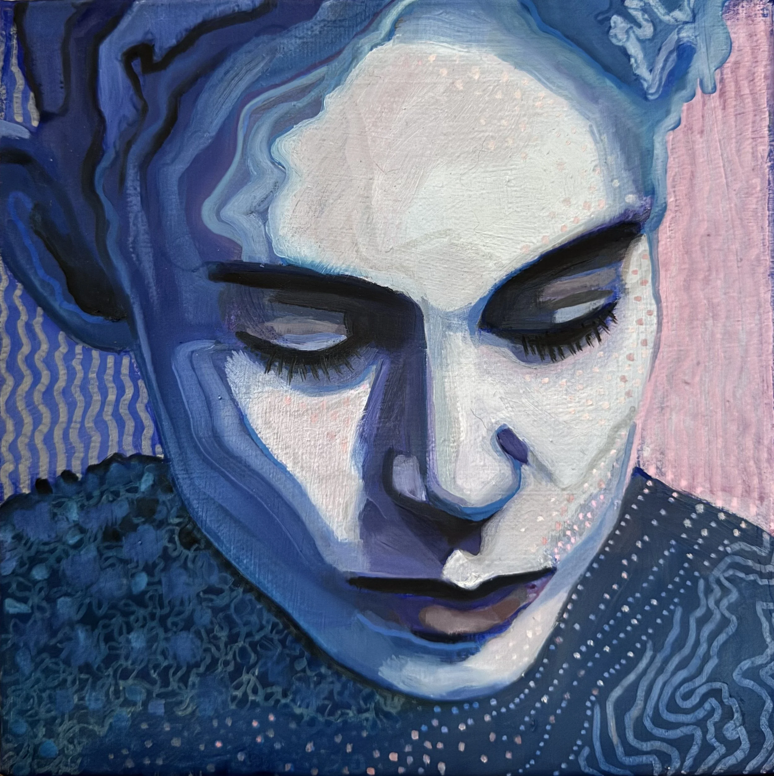  Shelf Portrait: Indigo 
2026
acrylic, posca pen & oil on canvas
20 x 20cm
$120