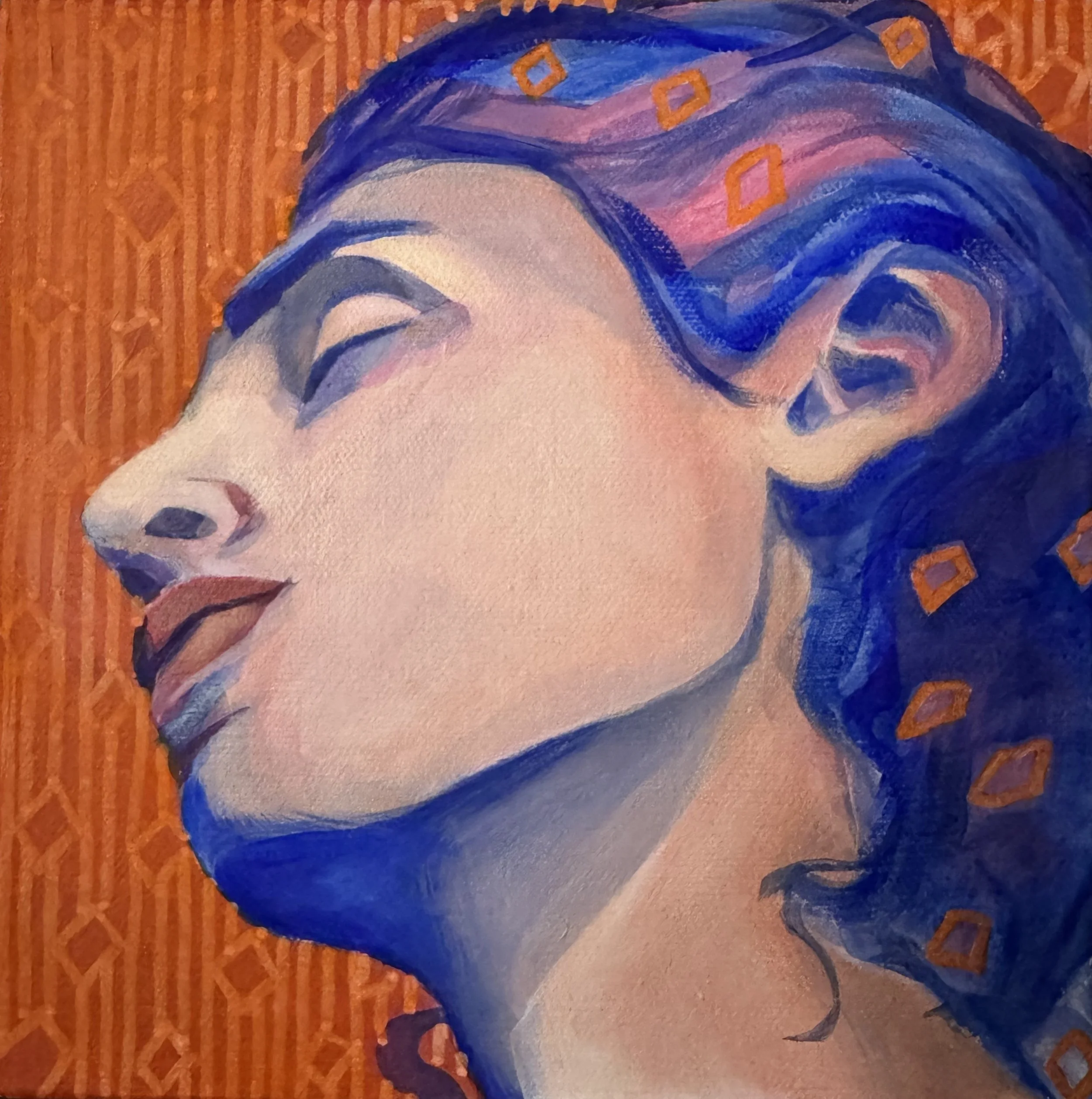  Shelf Portrait: Blue 
2026
acrylic, posca pen & oil on canvas
20 x 20cm
$120