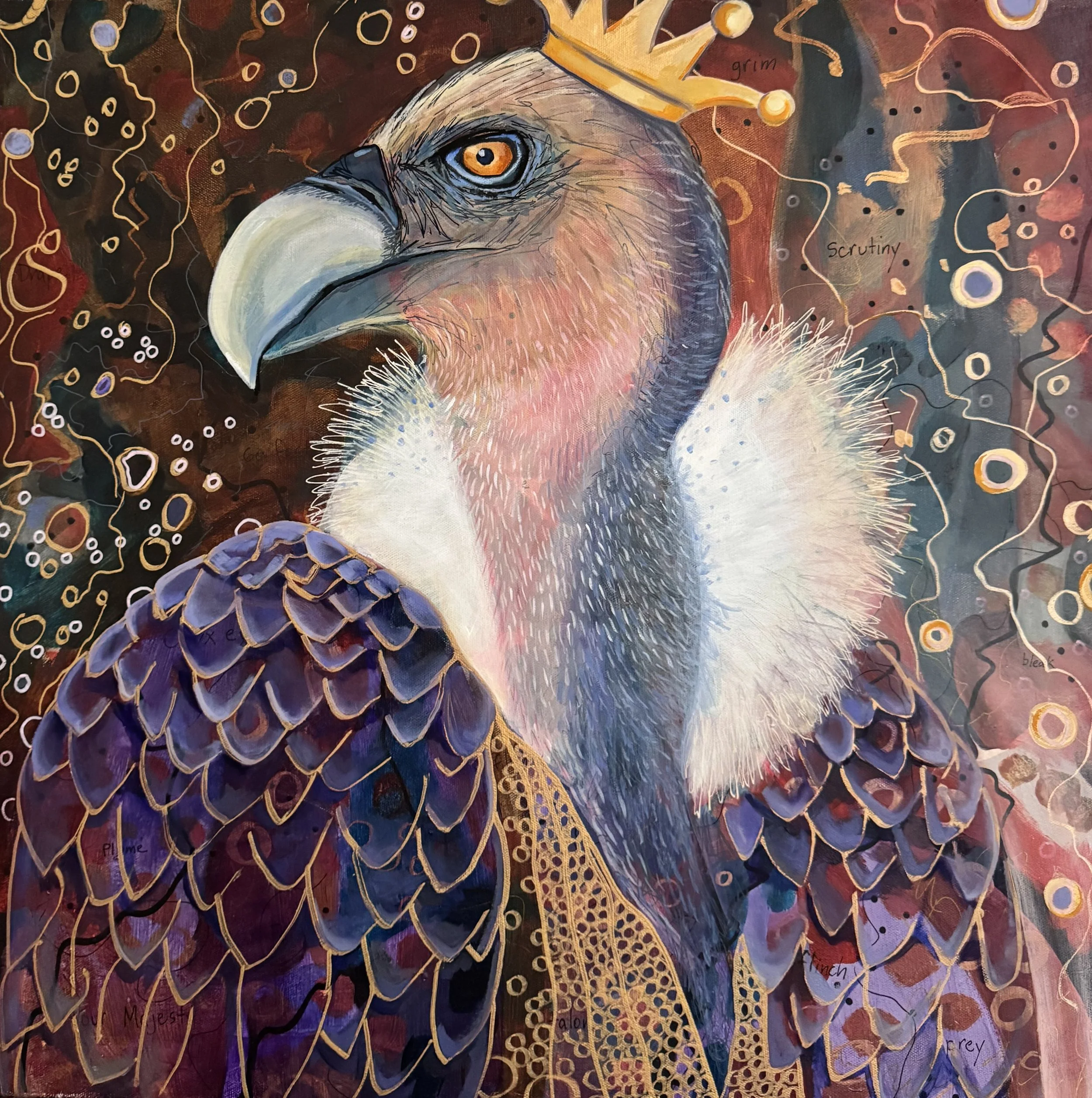  Vulture Prince 
2022
acrylic, posca pen and oil on canvas
61 x 61cm
$300