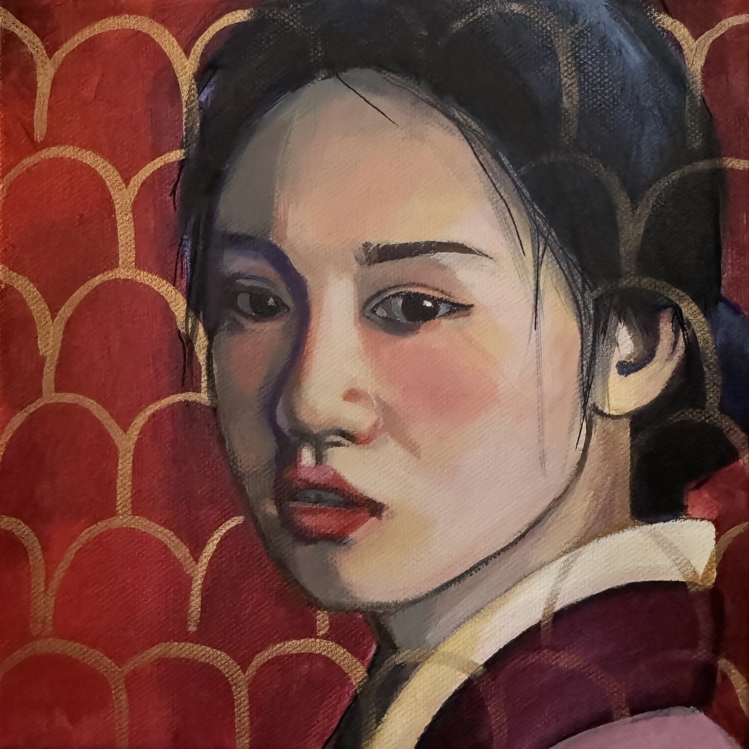  Shelf Portrait: Red 
2026
acrylic, posca pen & oil on canvas
20 x 20cm
$120