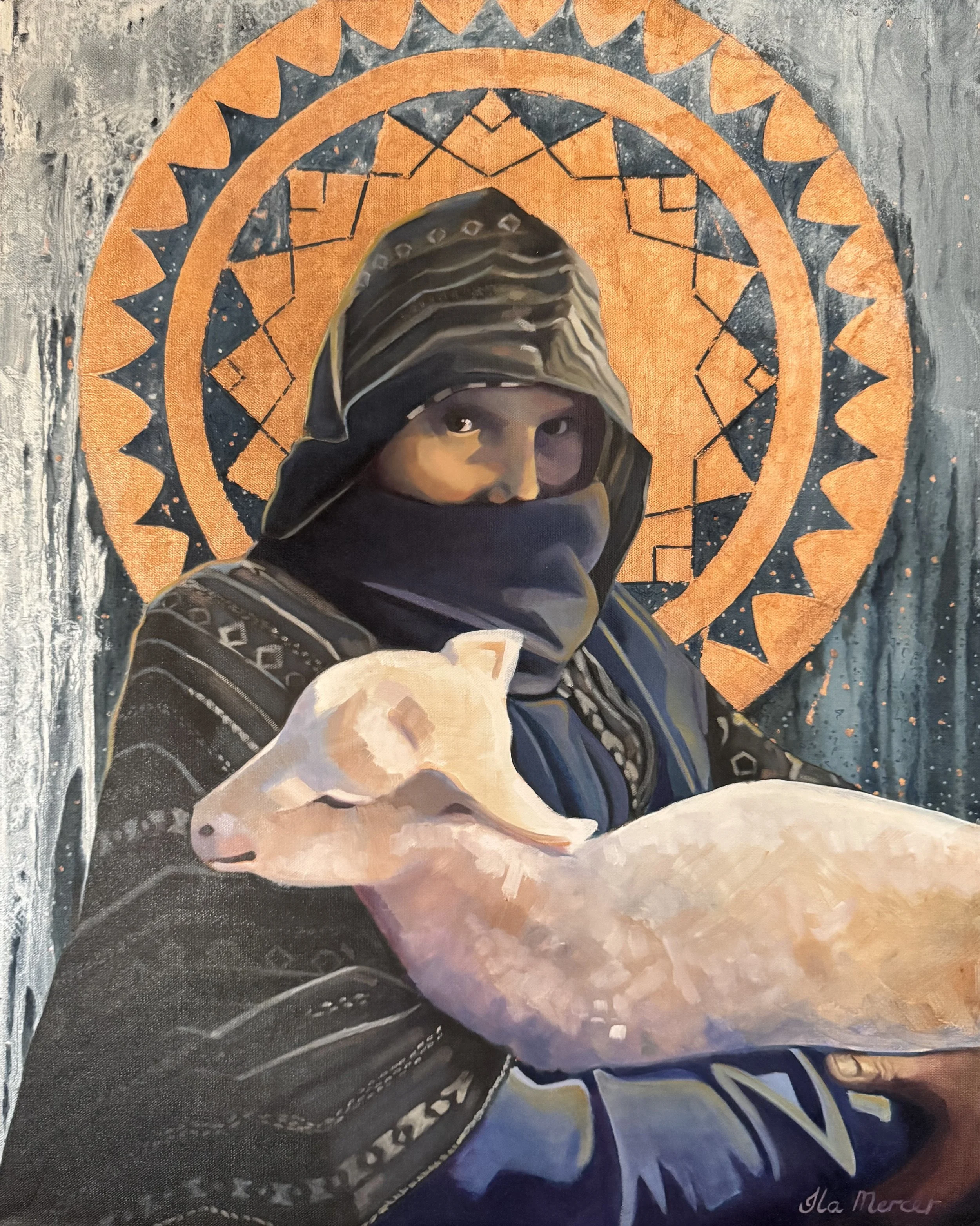  Luke and the lamb 
2024
copper leaf and oil on canvas
61 x 76cm
$820