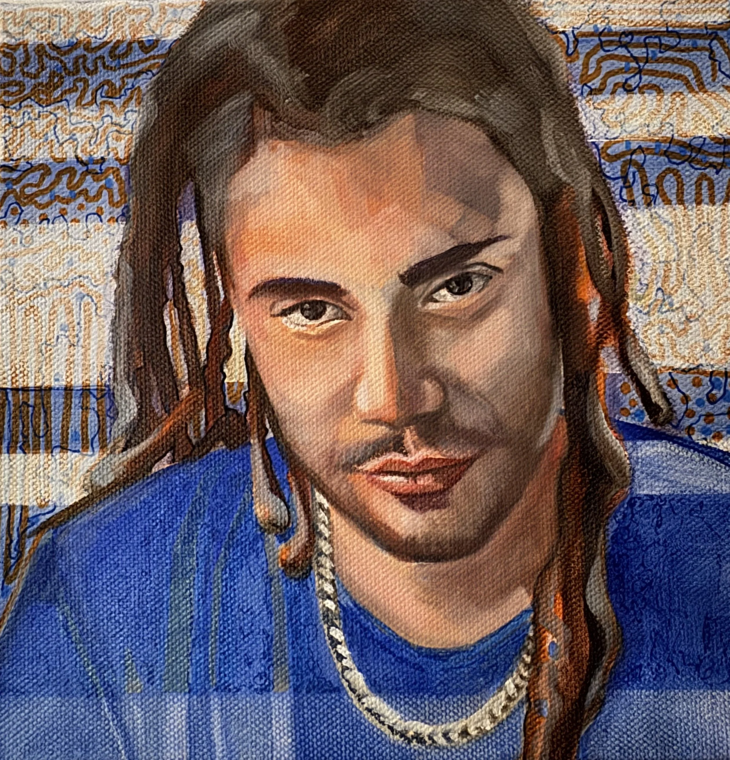  Shelf Portrait: Rush 
2026
acrylic, posca pen & oil on canvas
20 x 20cm
$120