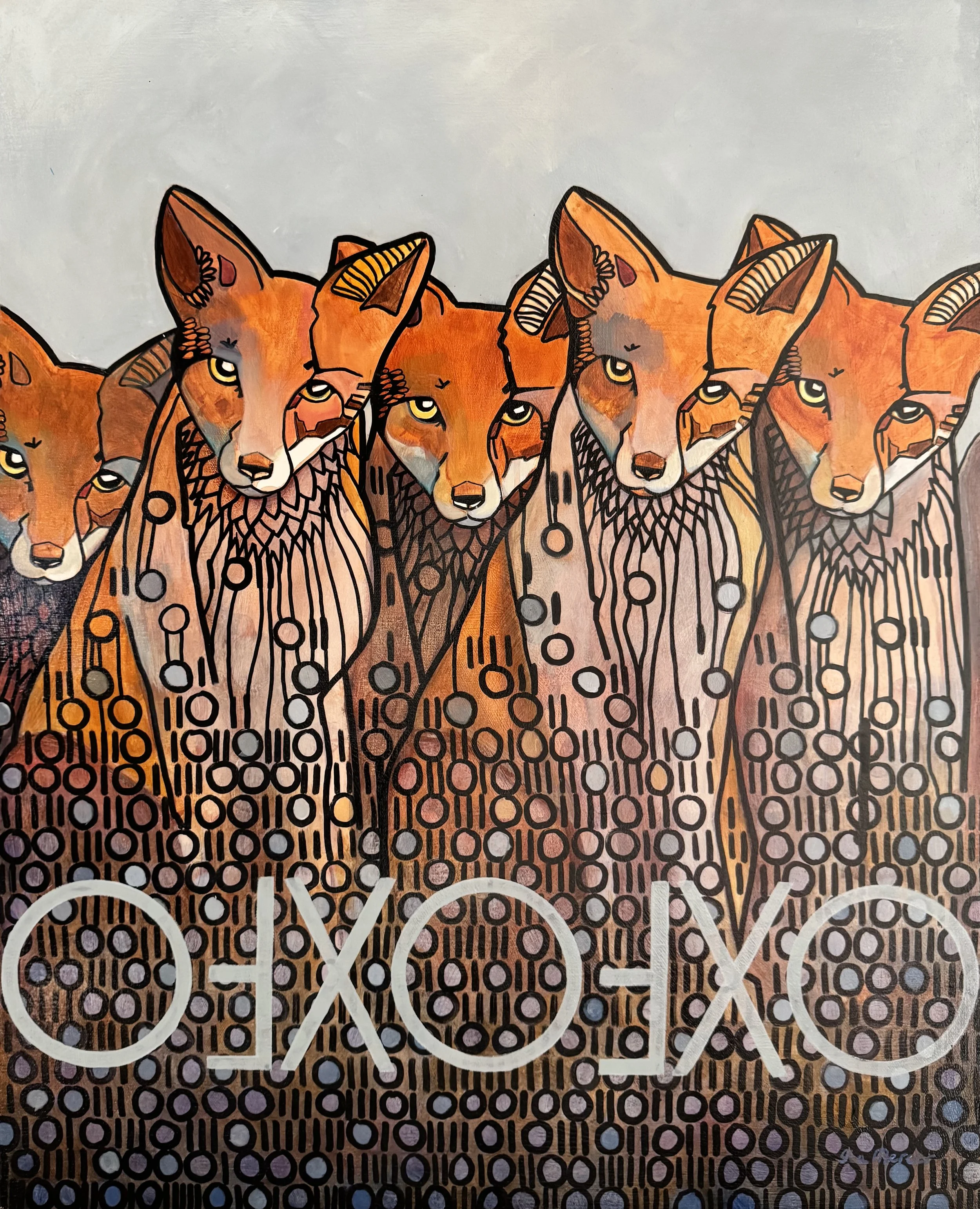  Digital foxes 
2023
pen & oil on canvas
60 x 76cm
$750