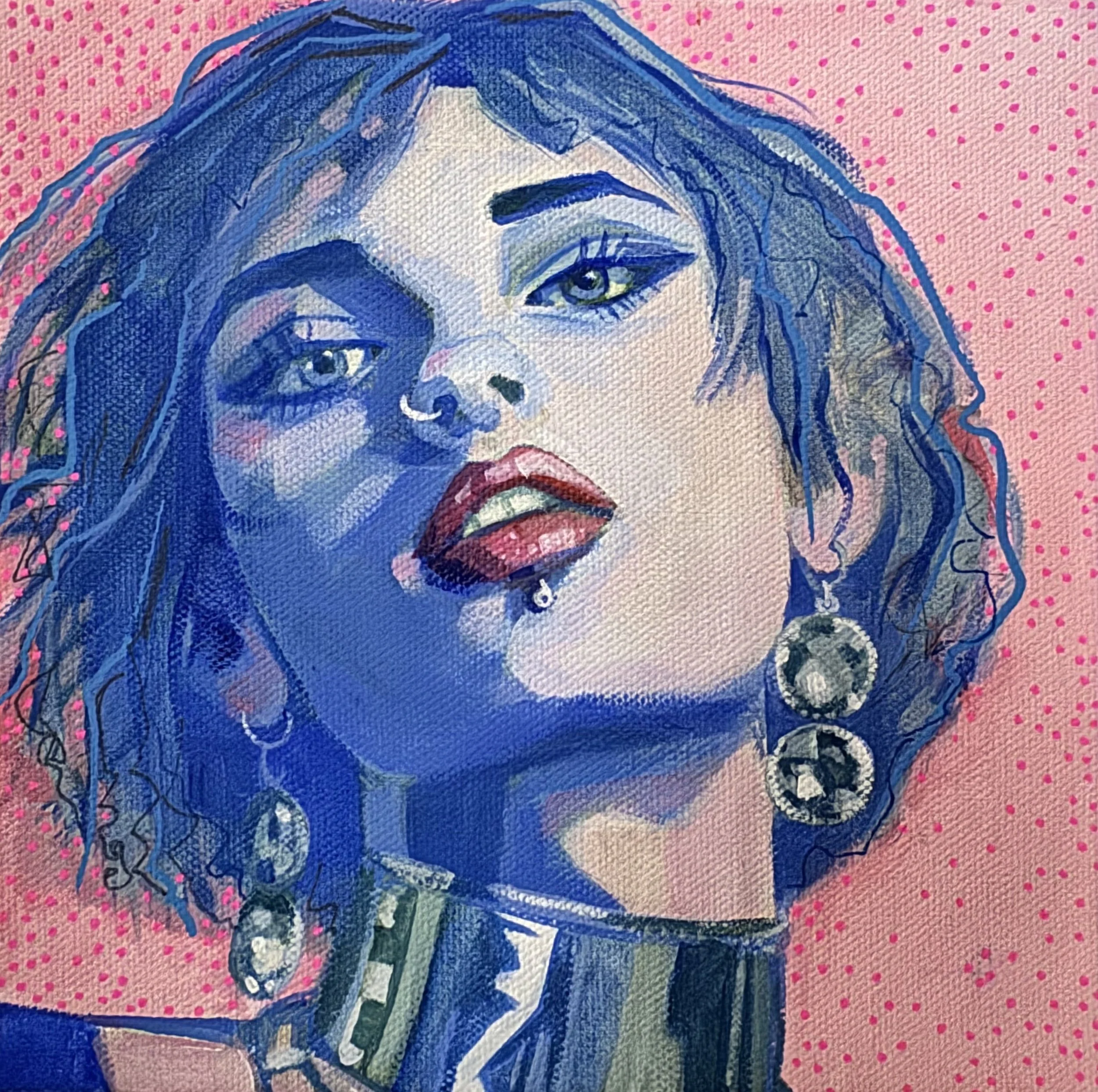  Shelf Portrait: Pink 
2026
acrylic, posca pen & oil on canvas
20 x 20cm
$120