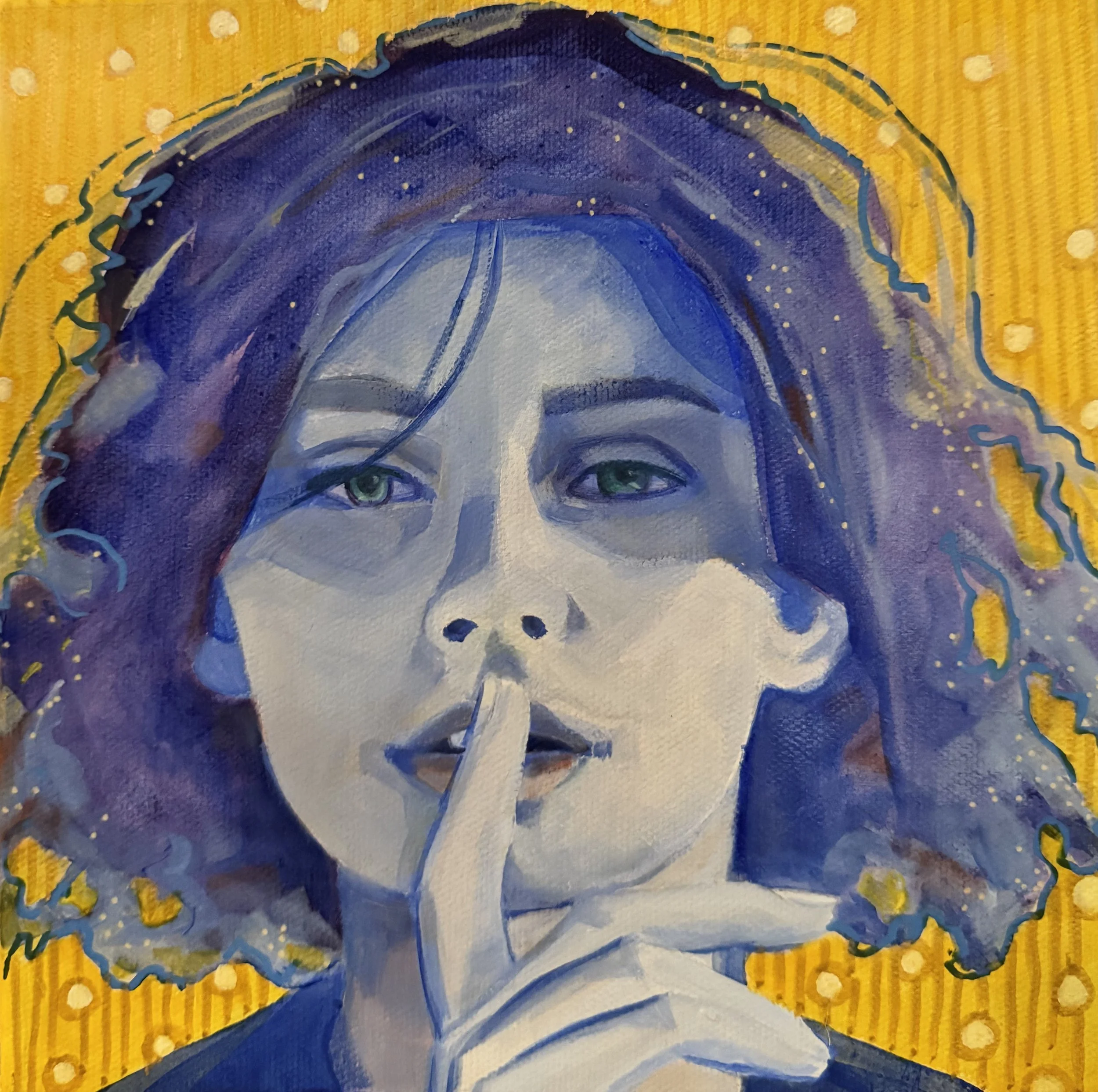  Shelf Portrait: Yellow 
2026
acrylic, posca pen & oil on canvas
20 x 20cm
$120