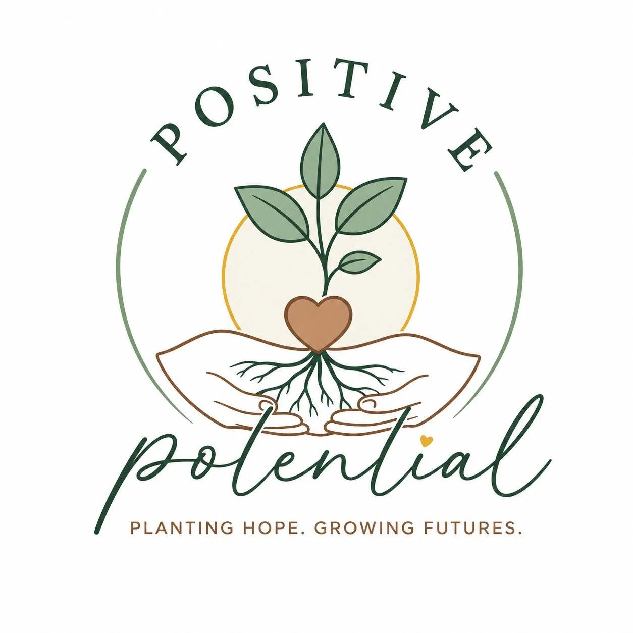 A logo with a plant sprouting from a heart-shaped root held by two hands; the circle of the logo contains the words "Positive" at the top and the word "Potential" at the bottom with a small heart dotting the letter 'i'; the tagline below reads, "Planting hope. Growing futures."