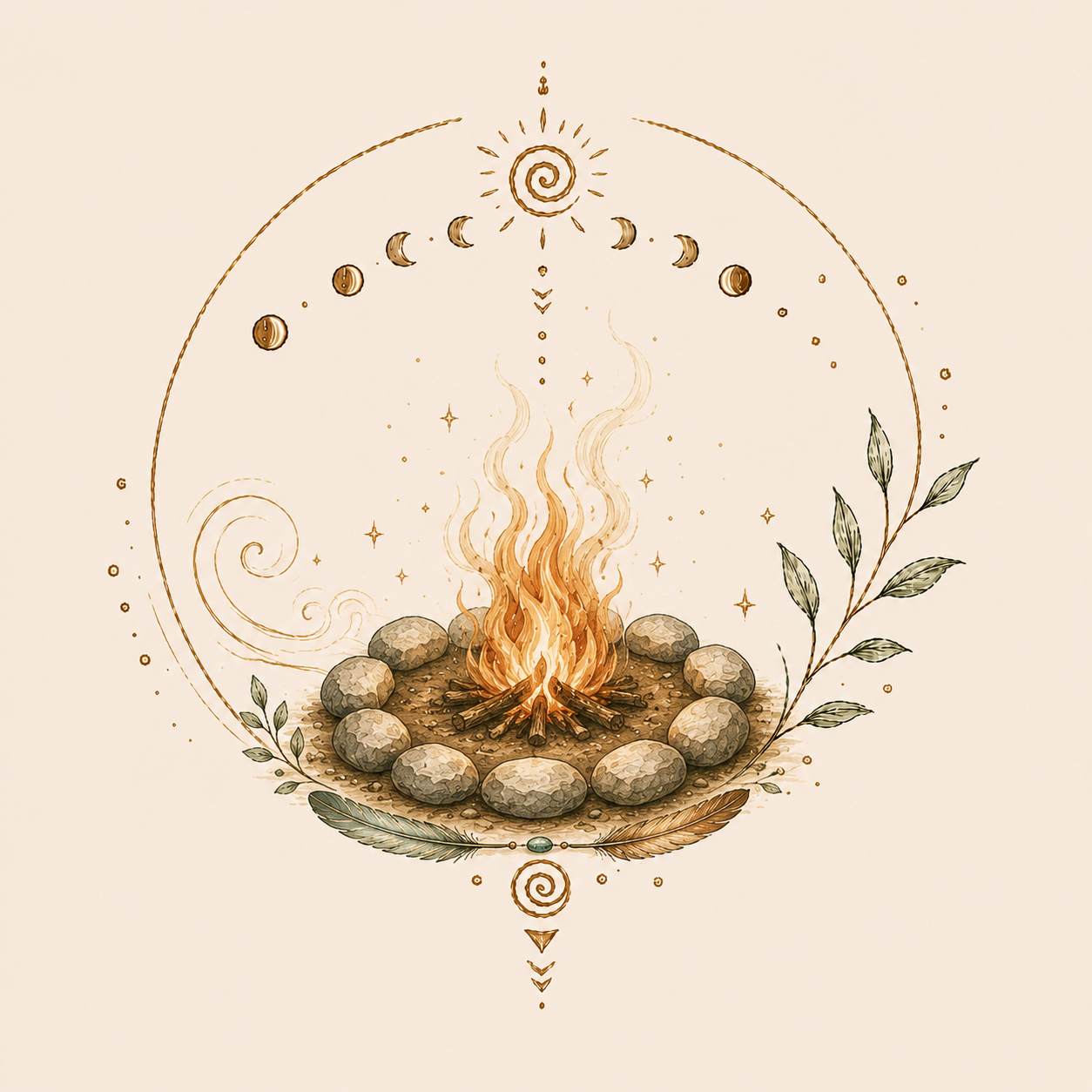Ein Lagerfeuer mit Steinen in einem Kreis, erinnert an eine meditative oder symbolische Darstellung, umgeben von abstrakten Linien, Pflanzen und Mondphasen, auf einem hellen Hintergrund.