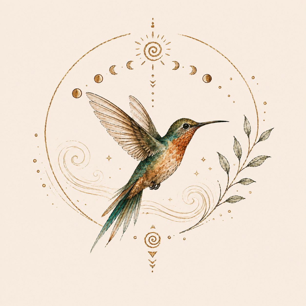Illustration eines bunten Kolibris vor einem Mandala-muster mit Phasen des Mondes und Sonnen, umgeben von Blatt- und Spiralmotiven.