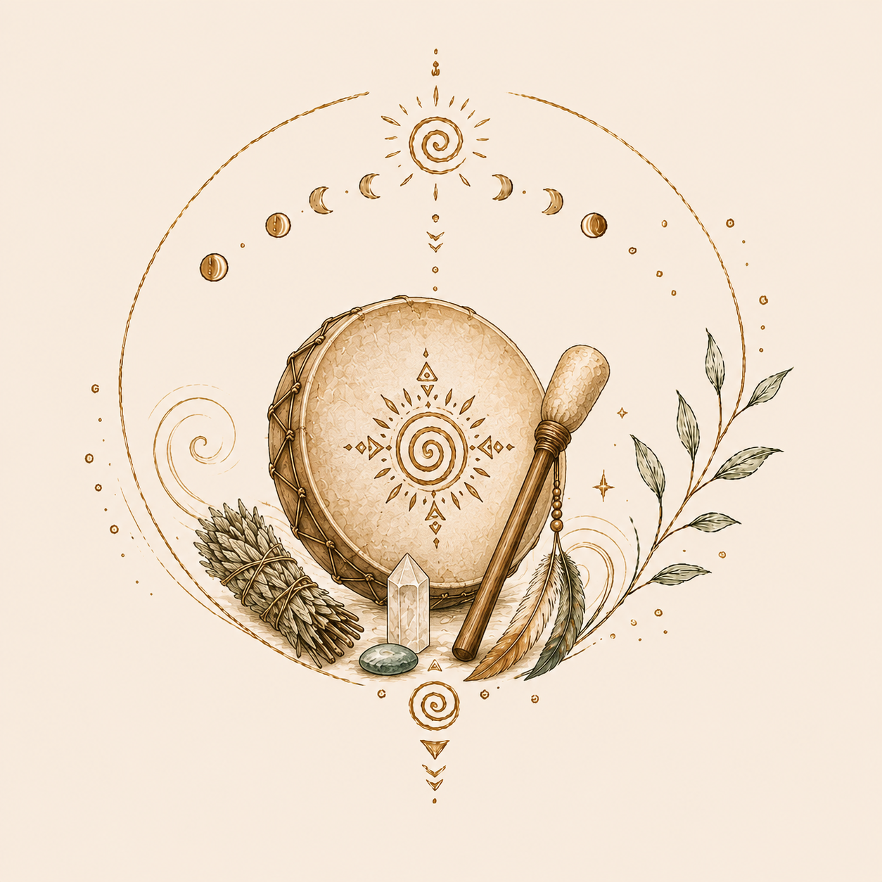 Spirituelle Symbole: Trommel, Salbei, Kristall, Feder, Astrolab, botanische Zweige, und Mondphasen auf cremefarbenem Hintergrund mit goldenen Akzenten.