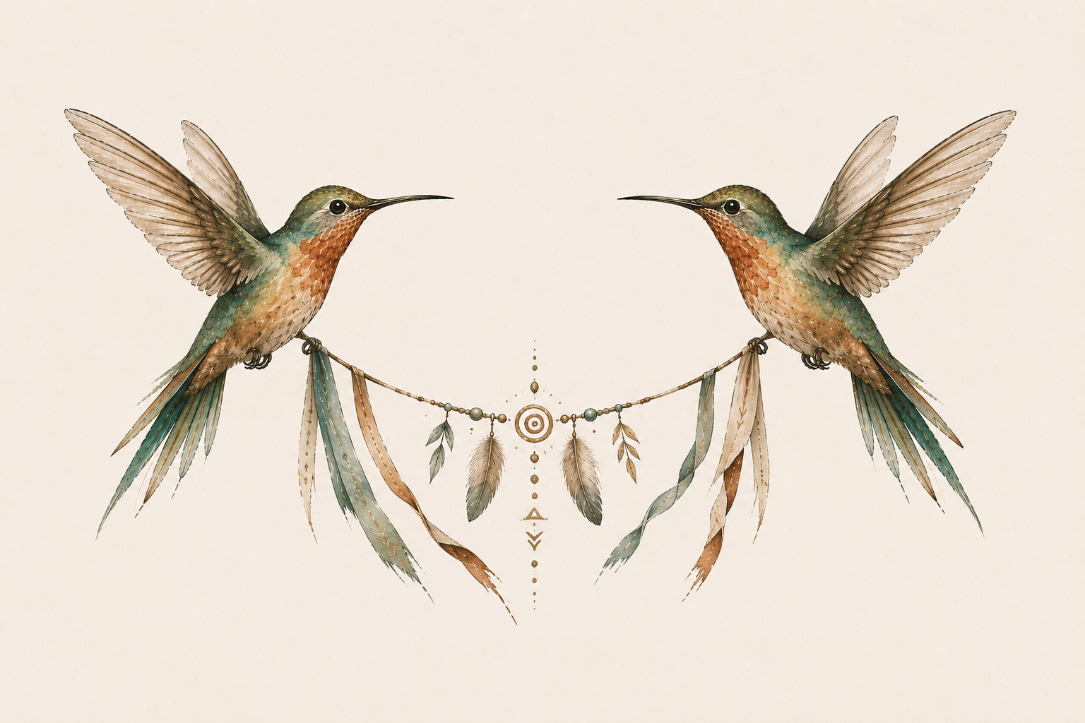 Zwei symmetrische Hummingbird-Illustrationen, die eine dekorative Perlenkette mit Federn, Blättern und einem spiralförmigen Symbol halten.
