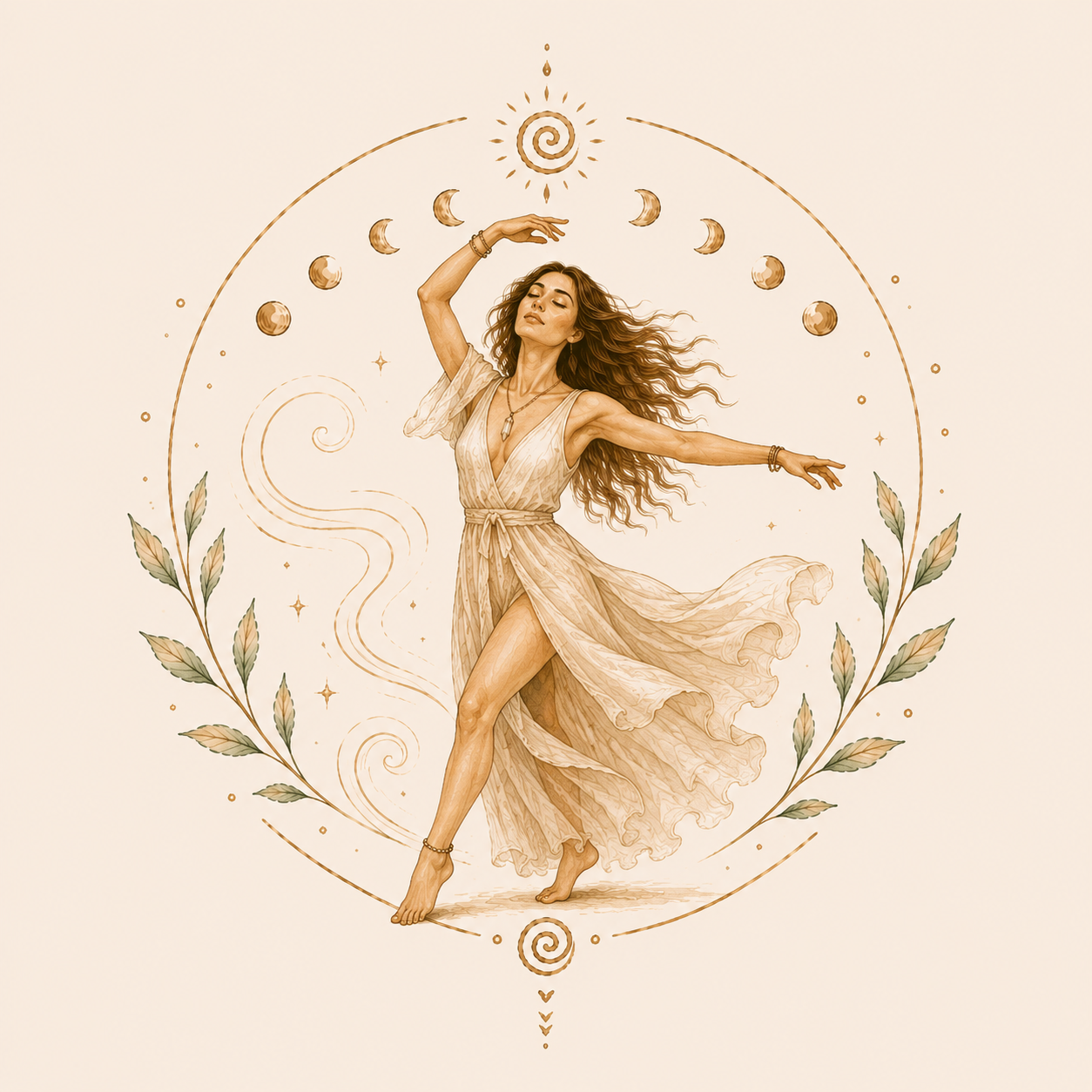 Eine Frau tanzt und ist von Phasen des Mondes, Sternen und Pflanzen umgeben, mit einem Sonnen-Symbol über ihrem Kopf, in einer Illustration im Boho-Stil.