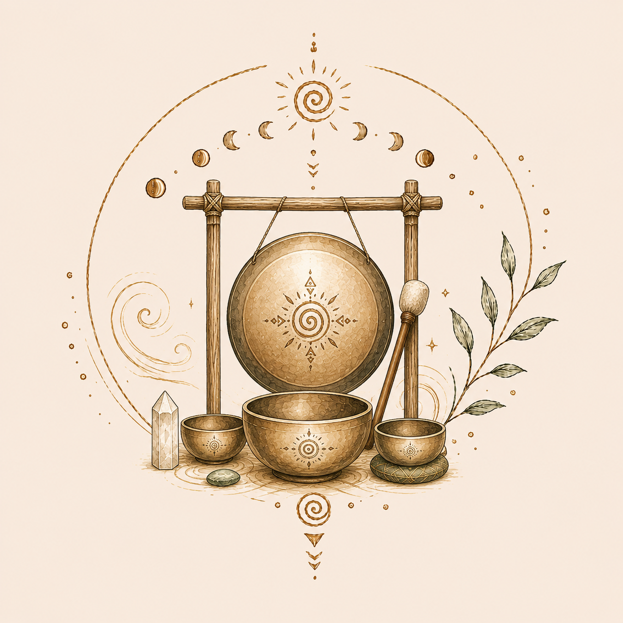 M editors sound healing instrument set with gong, bowls, mallet, crystal, and plant, in a mystical, celestial design.