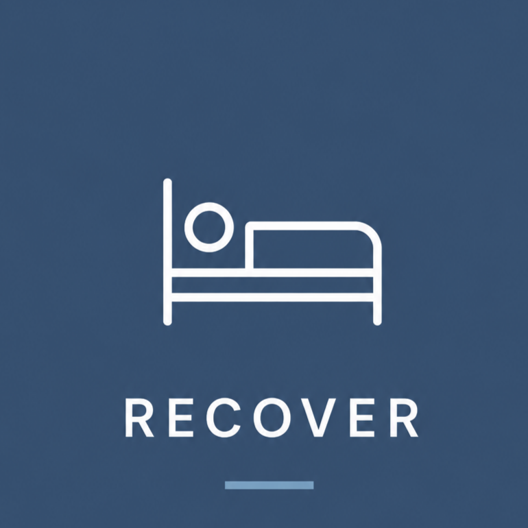 White line drawing of a person sleeping in a bed on a blue background, with the word "RECOVER" below the illustration.