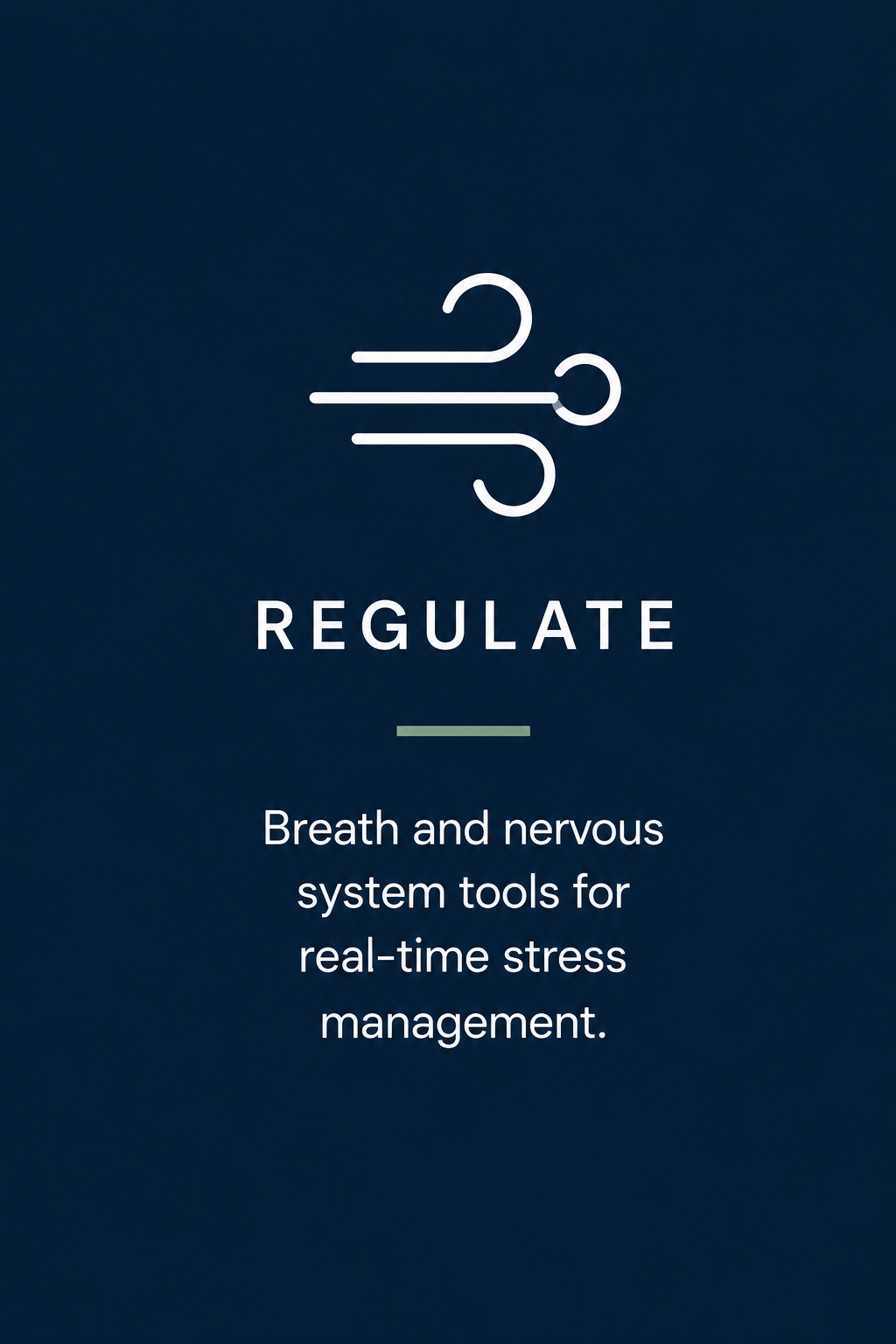 A dark blue background with a minimalist white line drawing of a wind symbol. Below, the word 'REGULATE' in uppercase letters. Further down, a subtitle reads 'Breath and nervous system tools for real-time stress management'.