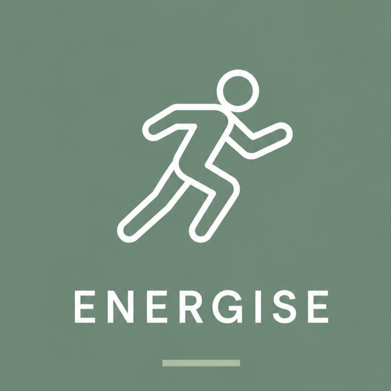 An icon of a person running with the word "ENERGISE" underneath on a green background.