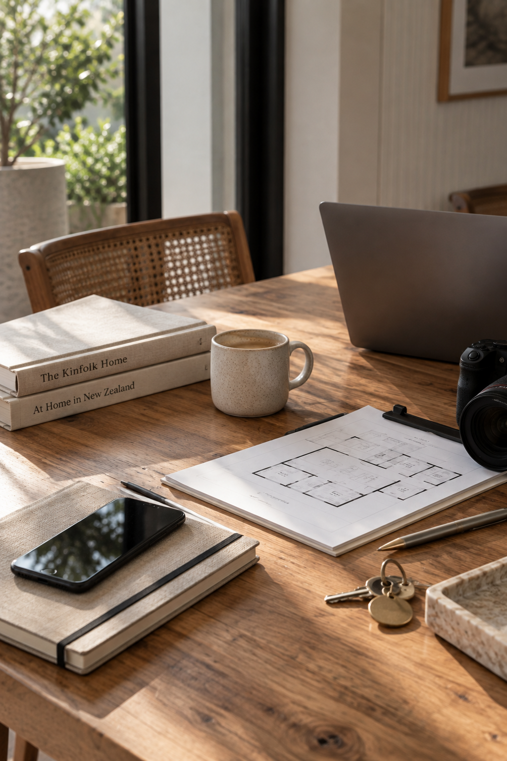 A wooden table with a laptop, camera, sketches, a coffee mug, books, a notebook with a smartphone, a pen, and keys, in a room with sunlight and greenery outside.