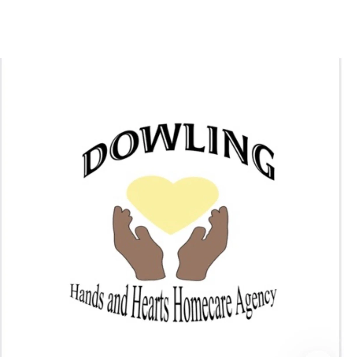 Dowling Hands and Hearts Homecare Agency logo with two hands cradling a yellow heart